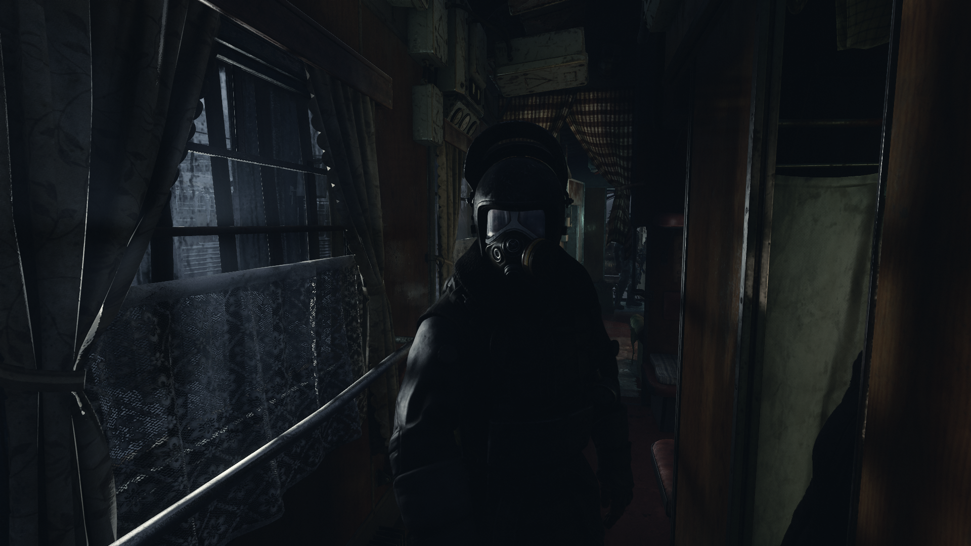 Person in gas mask on a train HD Wallpaper