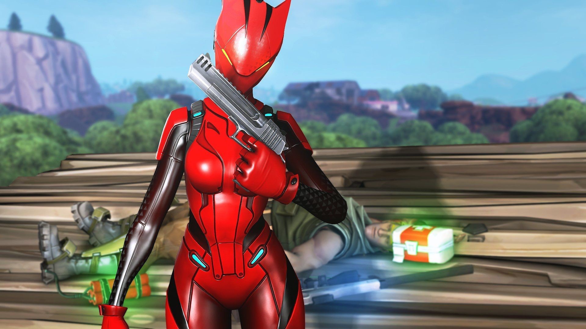 Fortnite Lynx holding a gun with defeated players HD Wallpaper