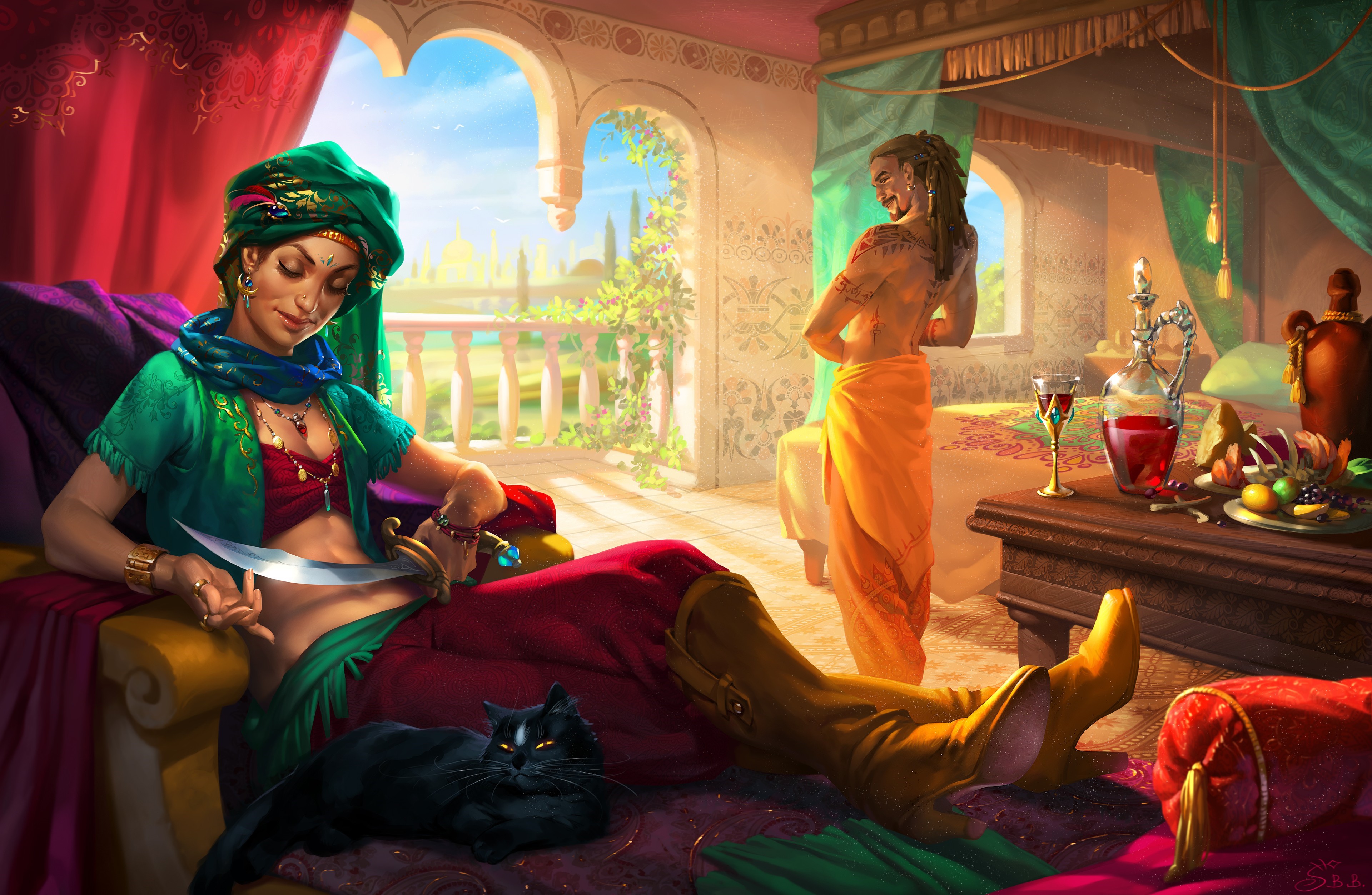 Woman with sword and man in opulent room HD Wallpaper