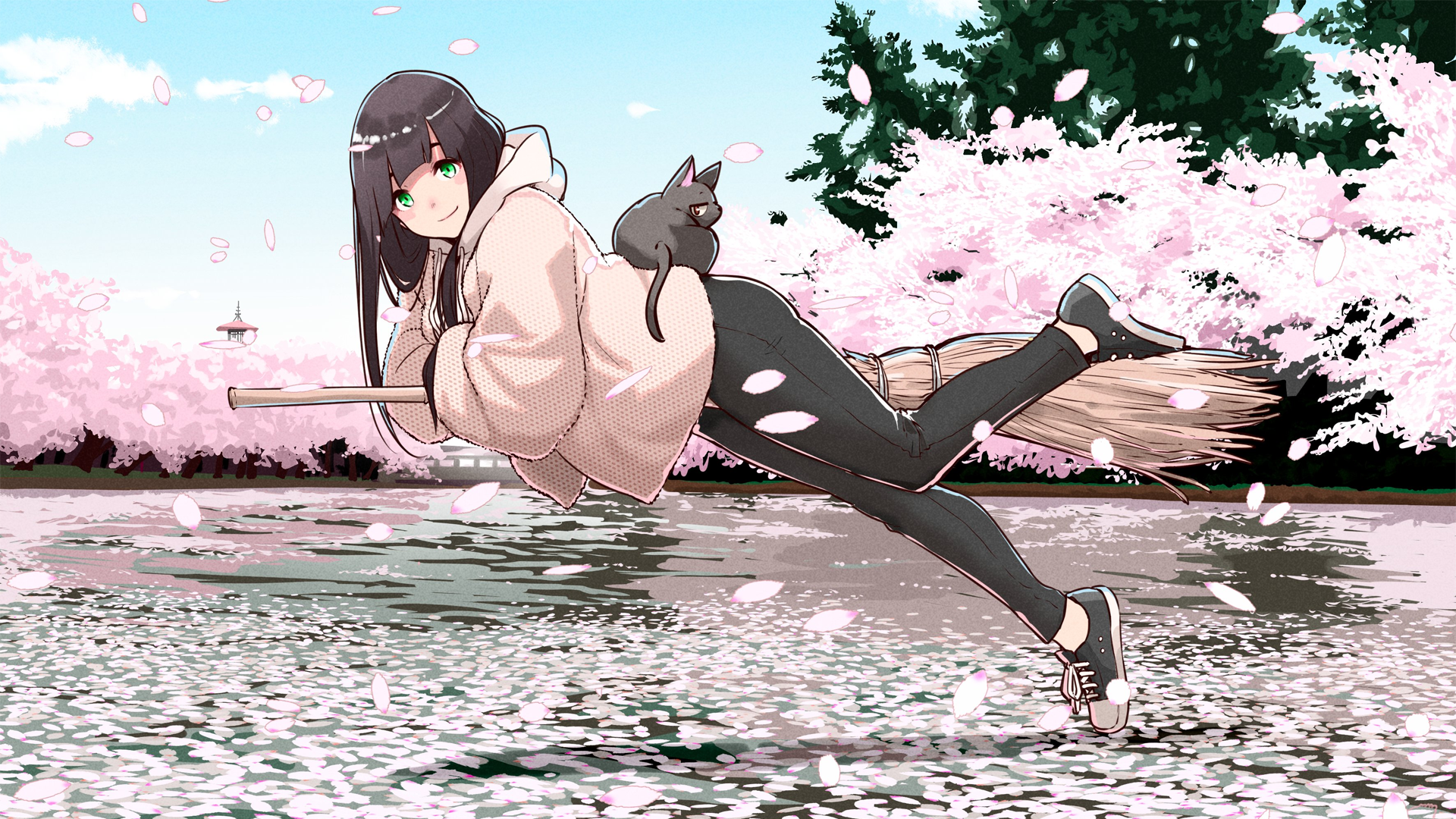 Makoto Kowata from Flying Witch on a broom with a cat HD Wallpaper