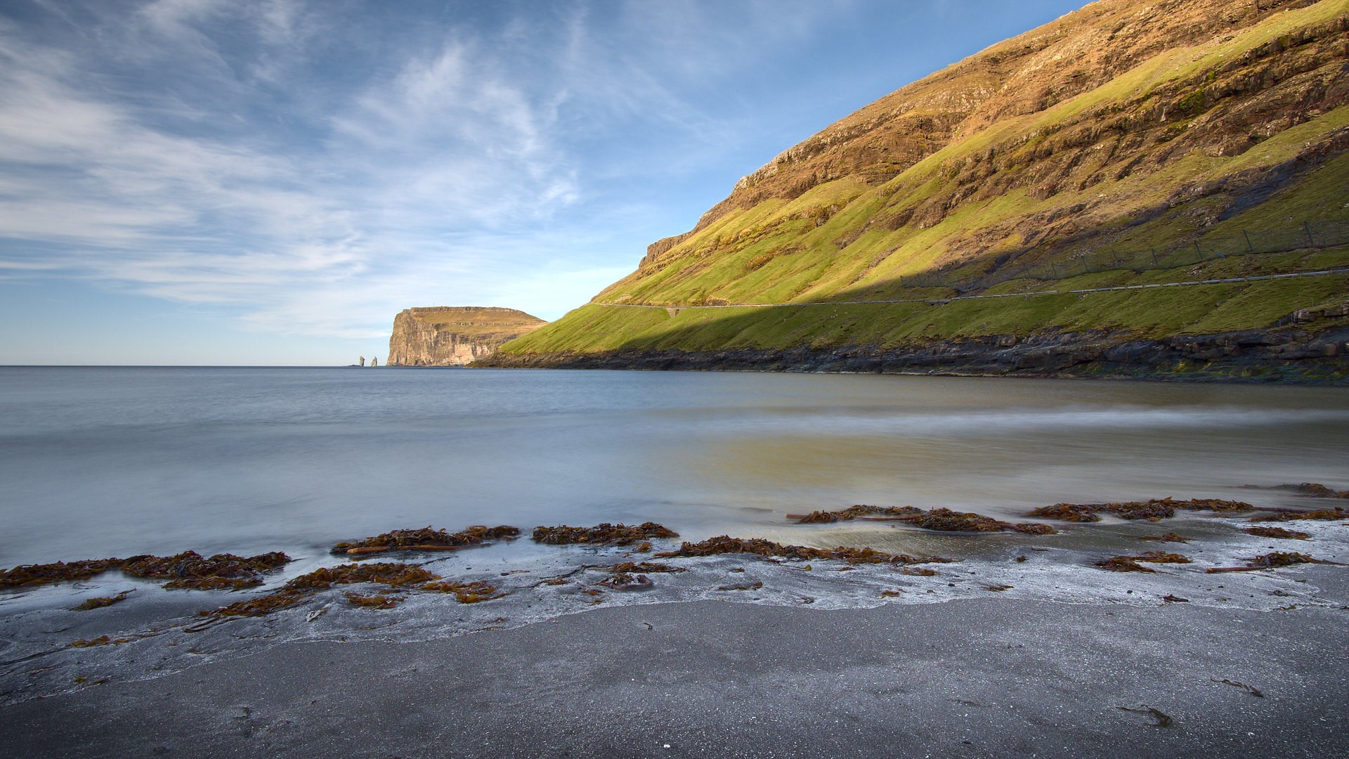 Faroe Islands coast with green mountains and sea HD Wallpaper