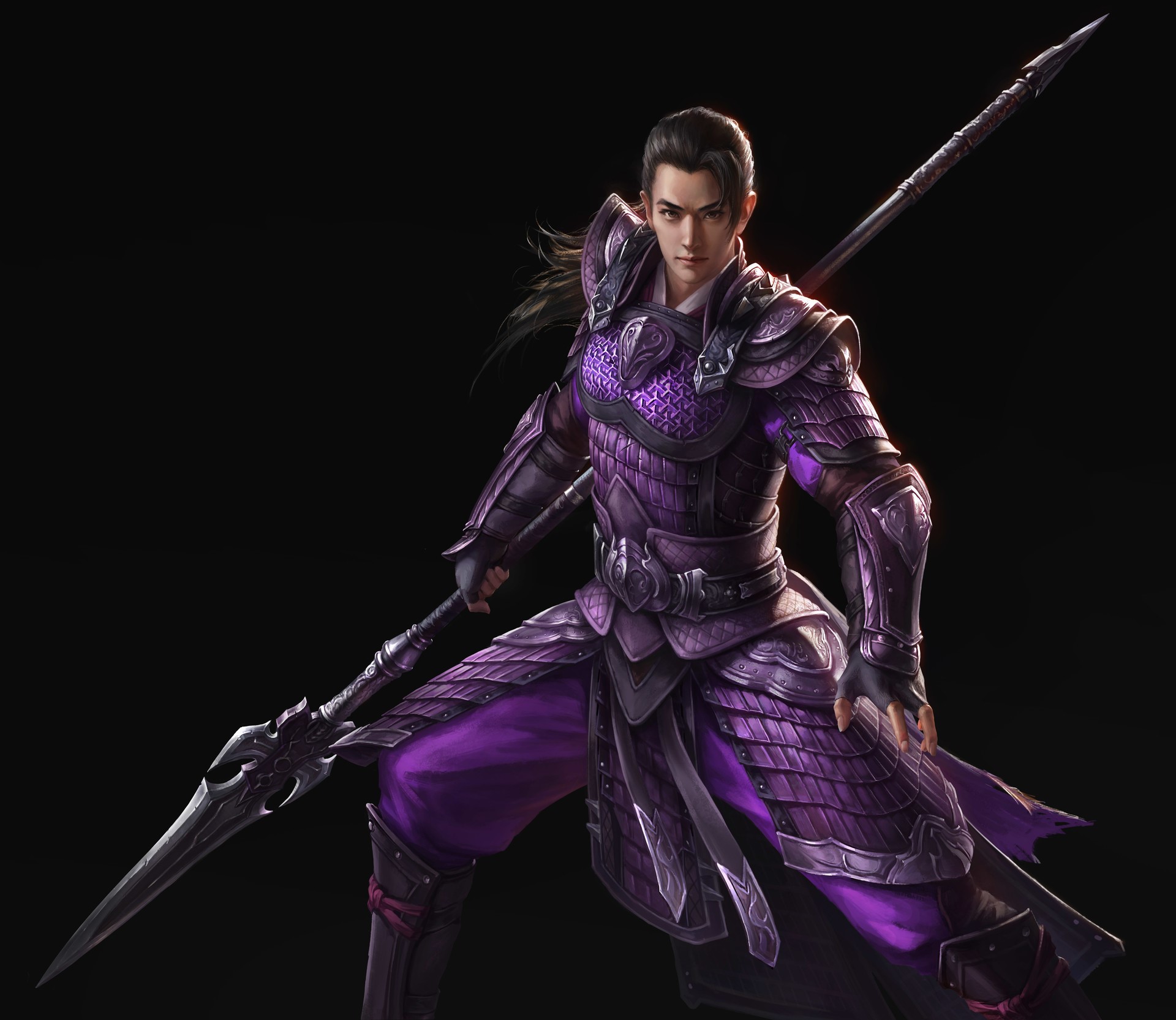 Warrior in purple armor holding a spear HD Wallpaper