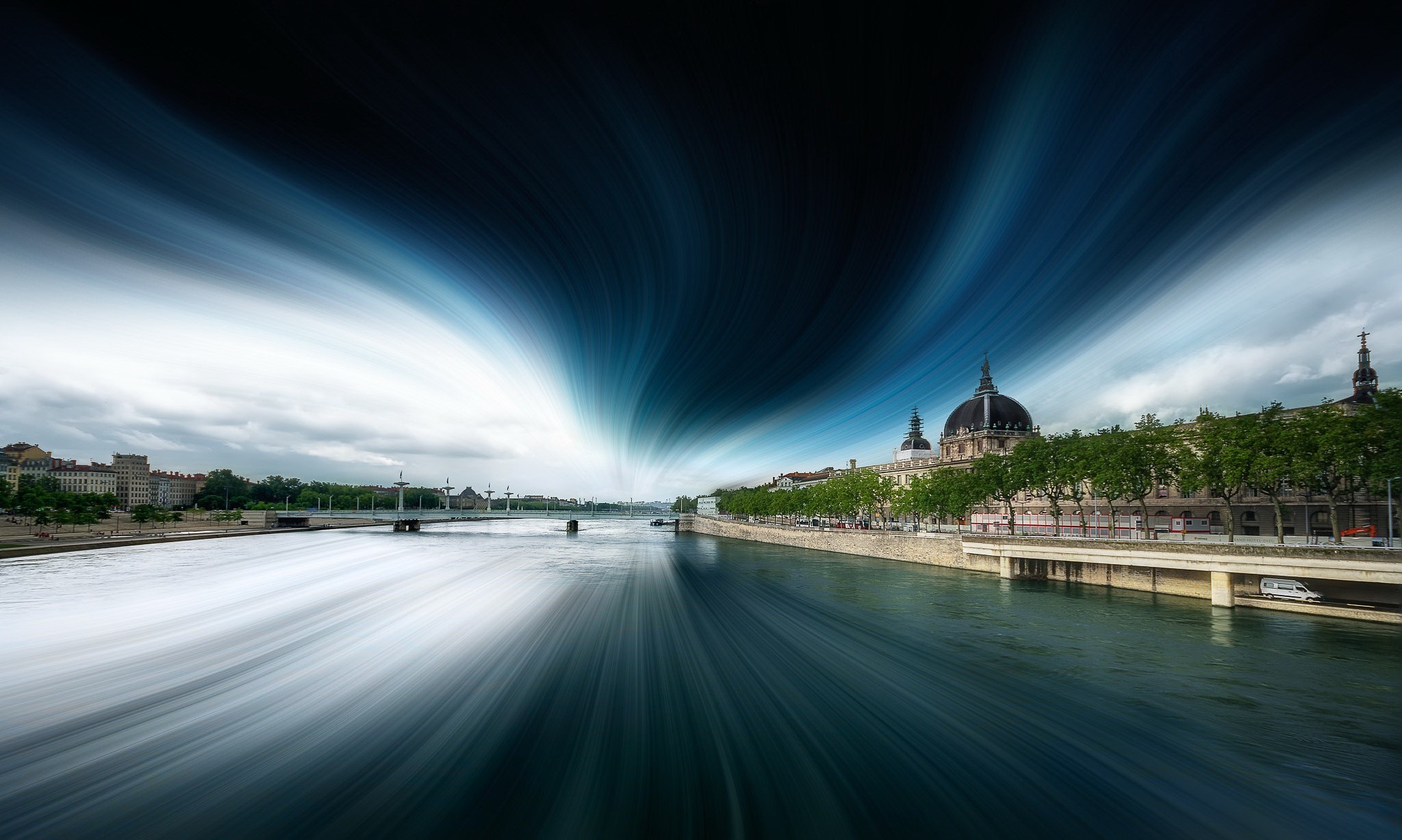River and buildings in Lyon, France with light streaks HD Wallpaper