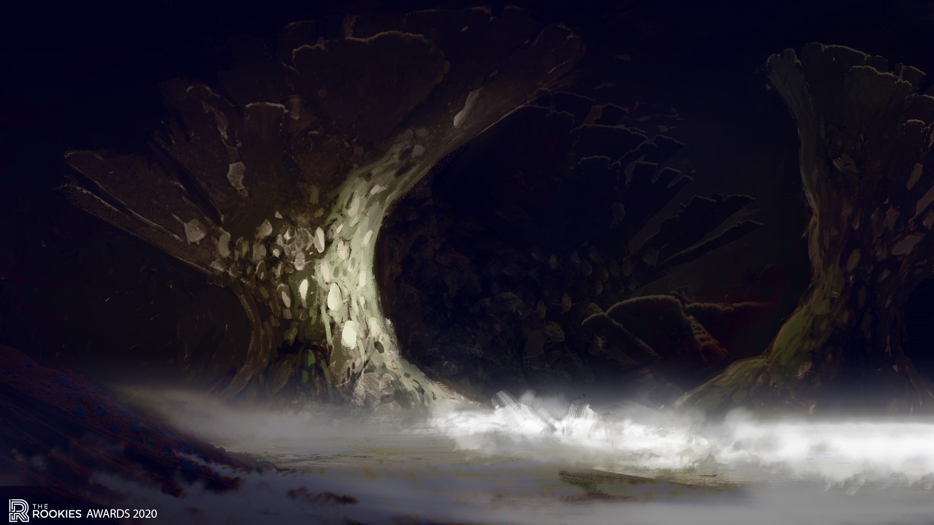 Mushroom cave landscape with mist by Guillaume Hochart HD Wallpaper