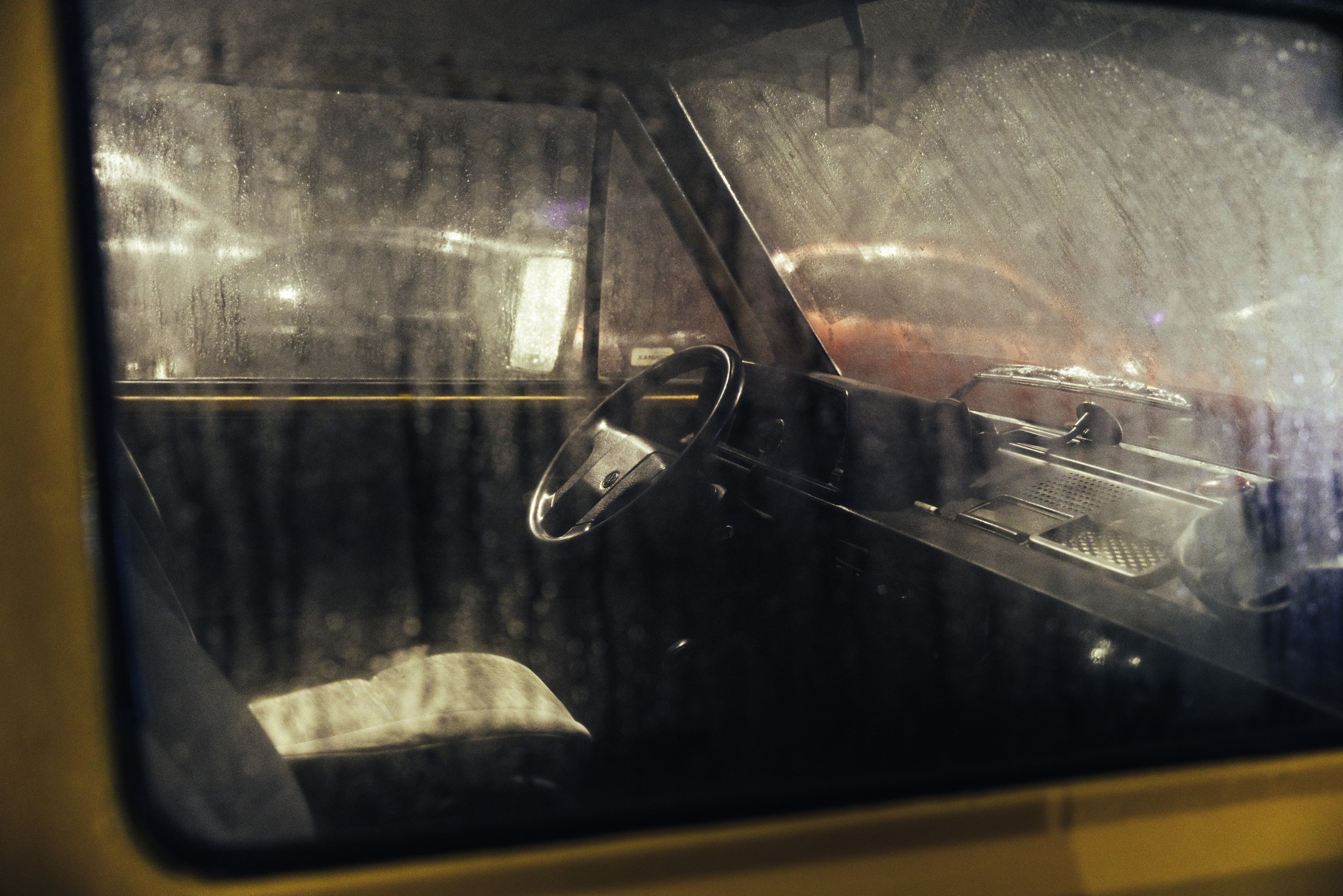 Interior of an old car at night HD Wallpaper