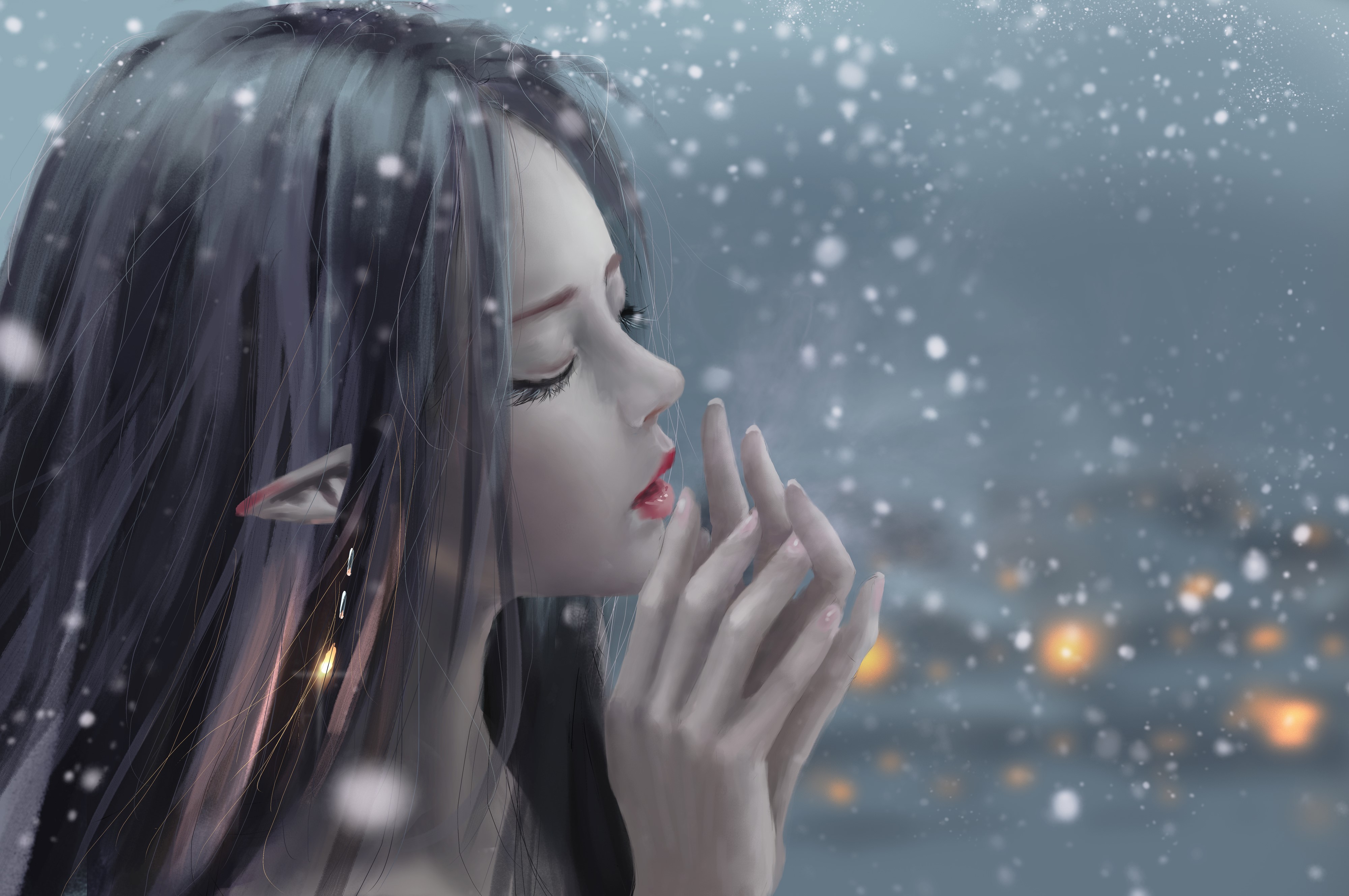 4K drawing of Ydiya Kai in the snow at night HD Wallpaper