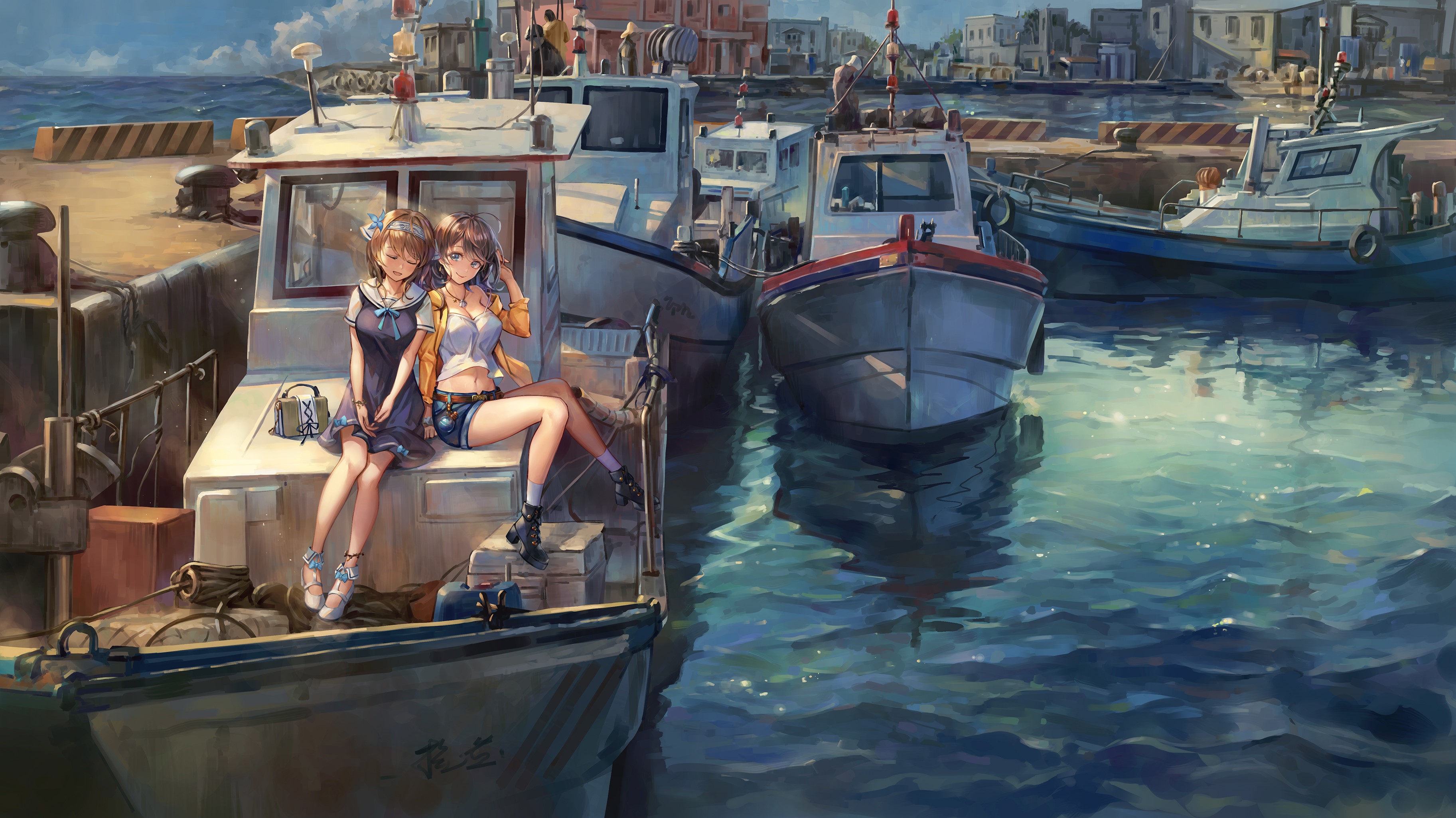 Anime girls sitting on a boat at a dock HD Wallpaper