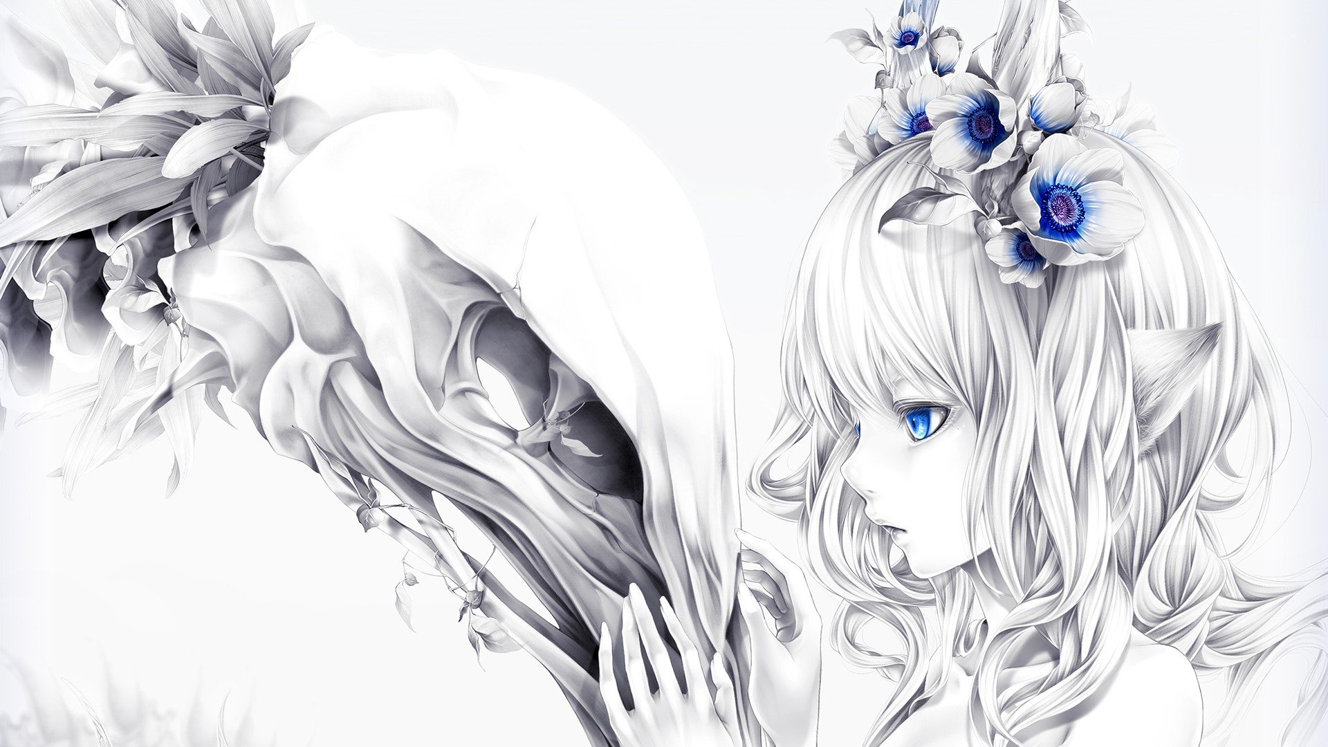 Anime girl with blue eyes and white hair with flowers HD Wallpaper
