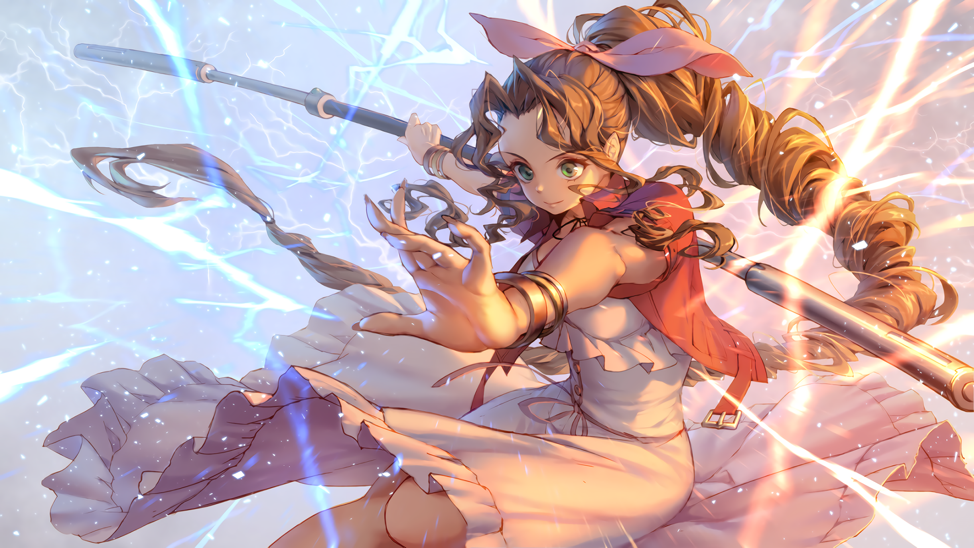 Aerith Gainsborough from Final Fantasy VII with a staff HD Wallpaper