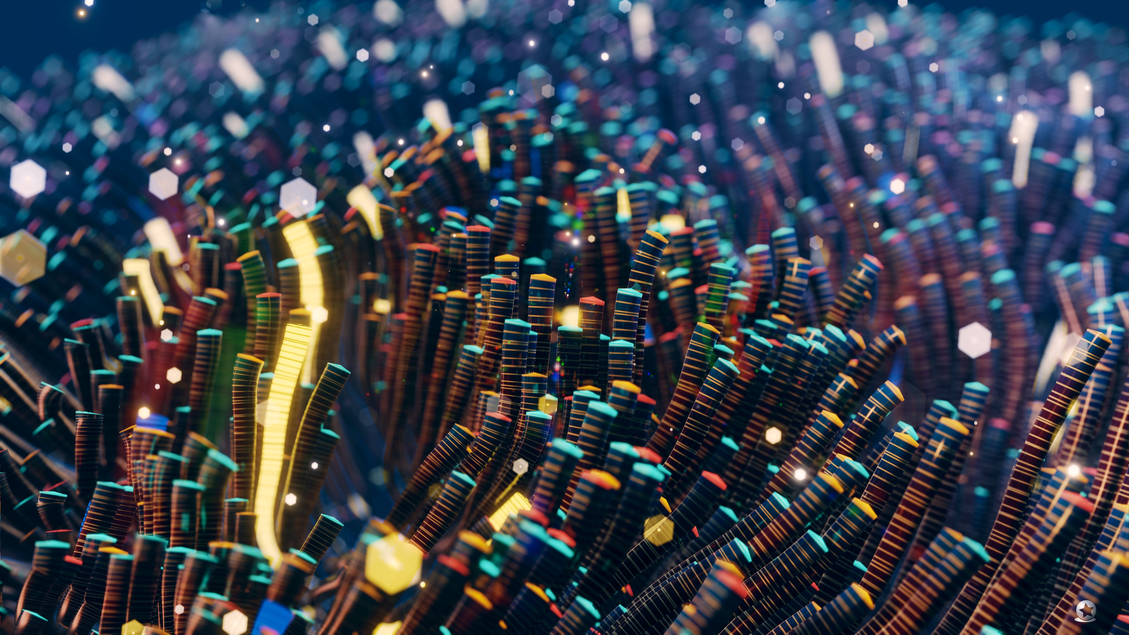 Abstract 3D render of colorful fiber optic strands with floating particles HD Wallpaper