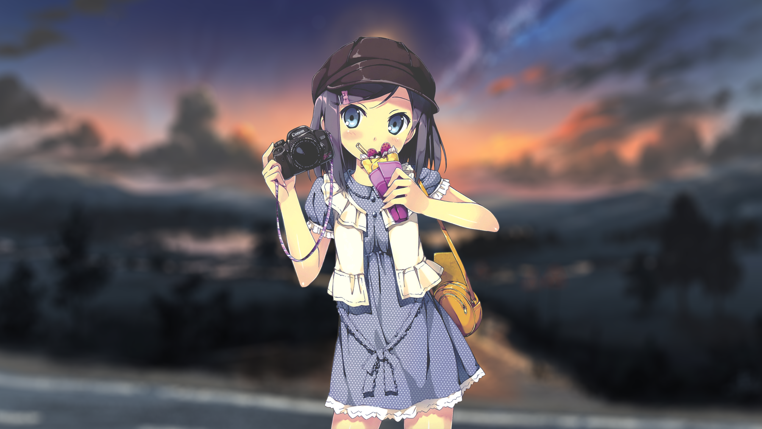 Anime girl with camera and crepe HD Wallpaper