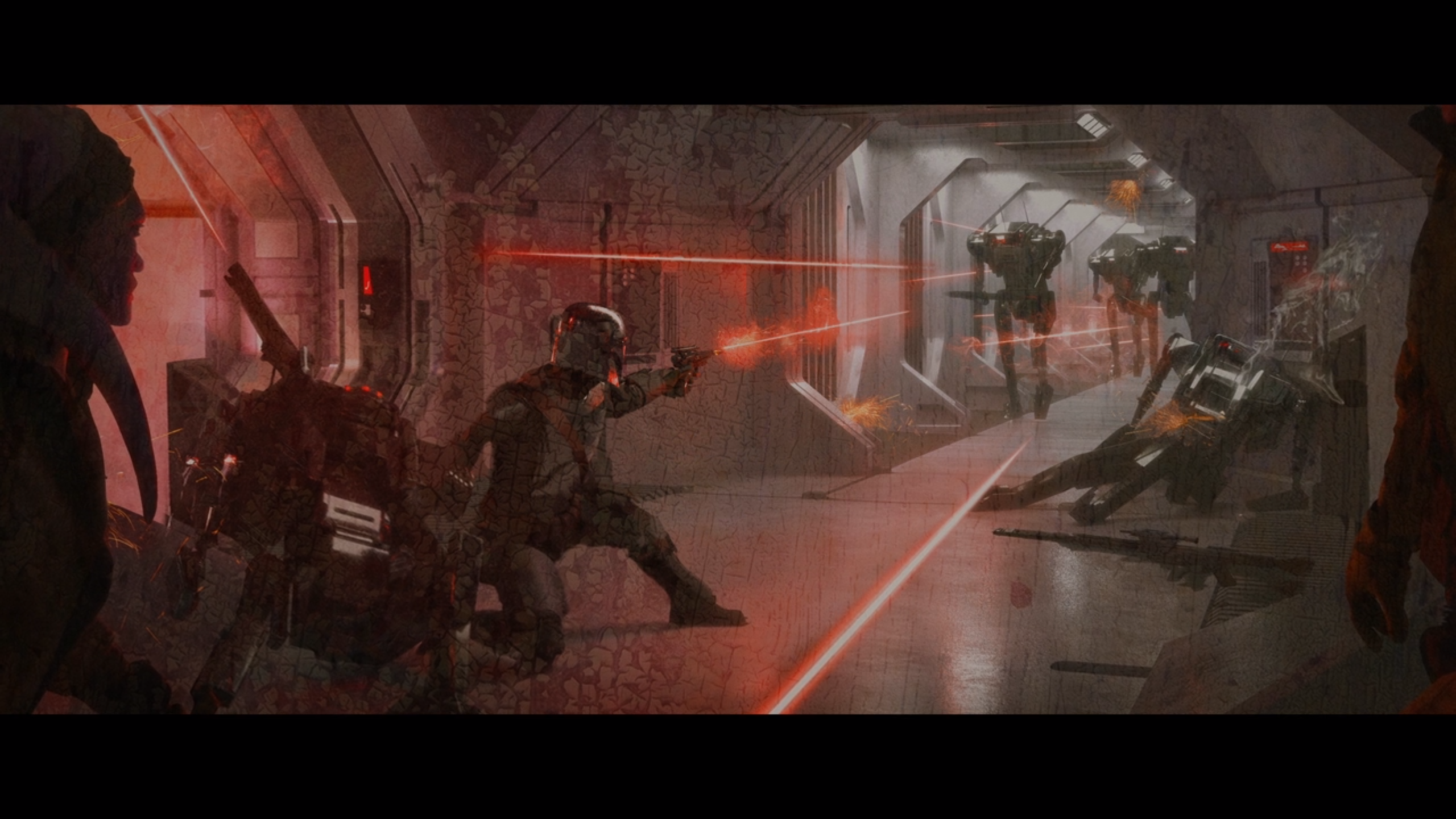 The Mandalorian in battle with droids HD Wallpaper