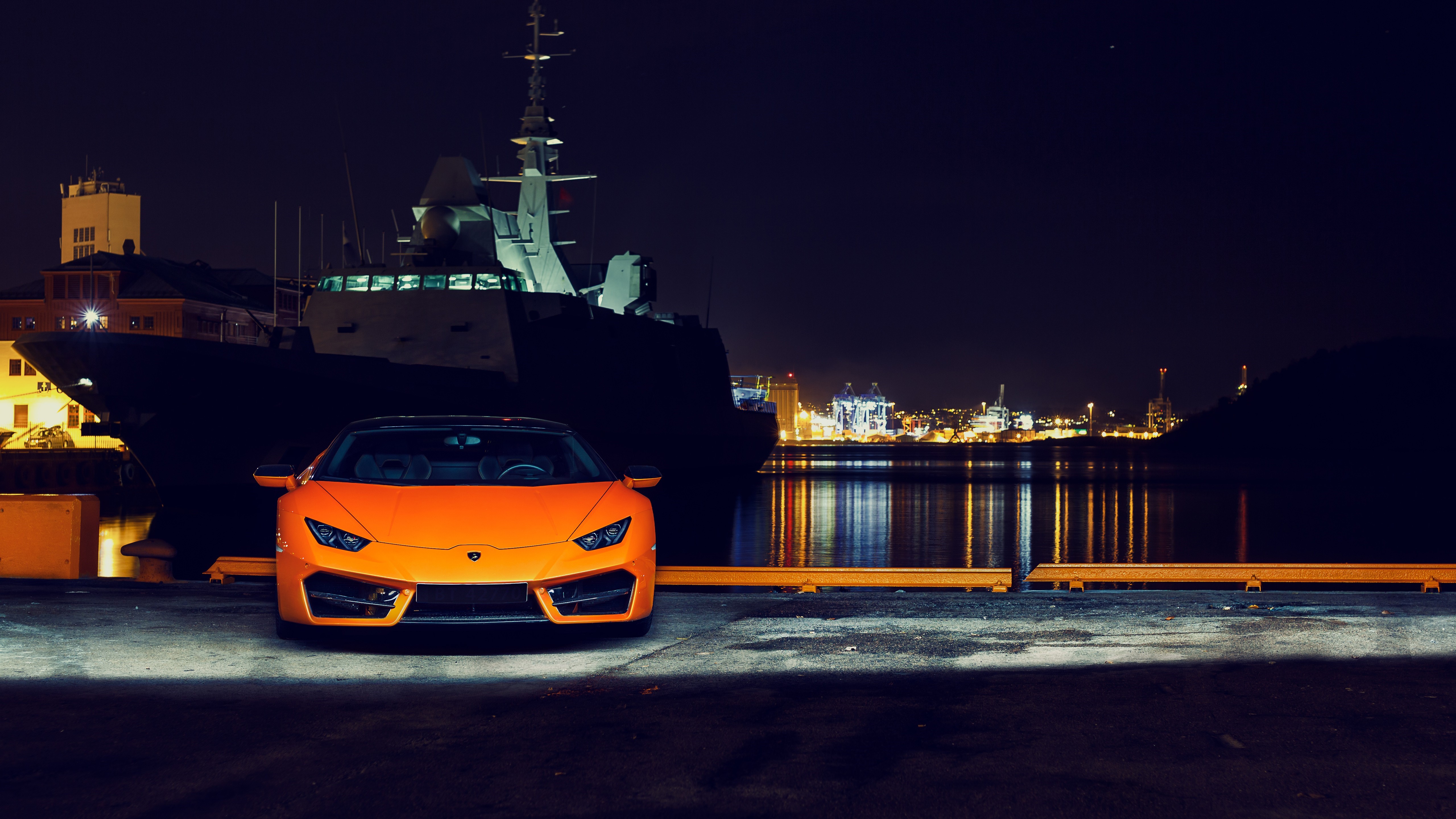 4K Orange Lamborghini Huracan by Warship at Night HD Wallpaper