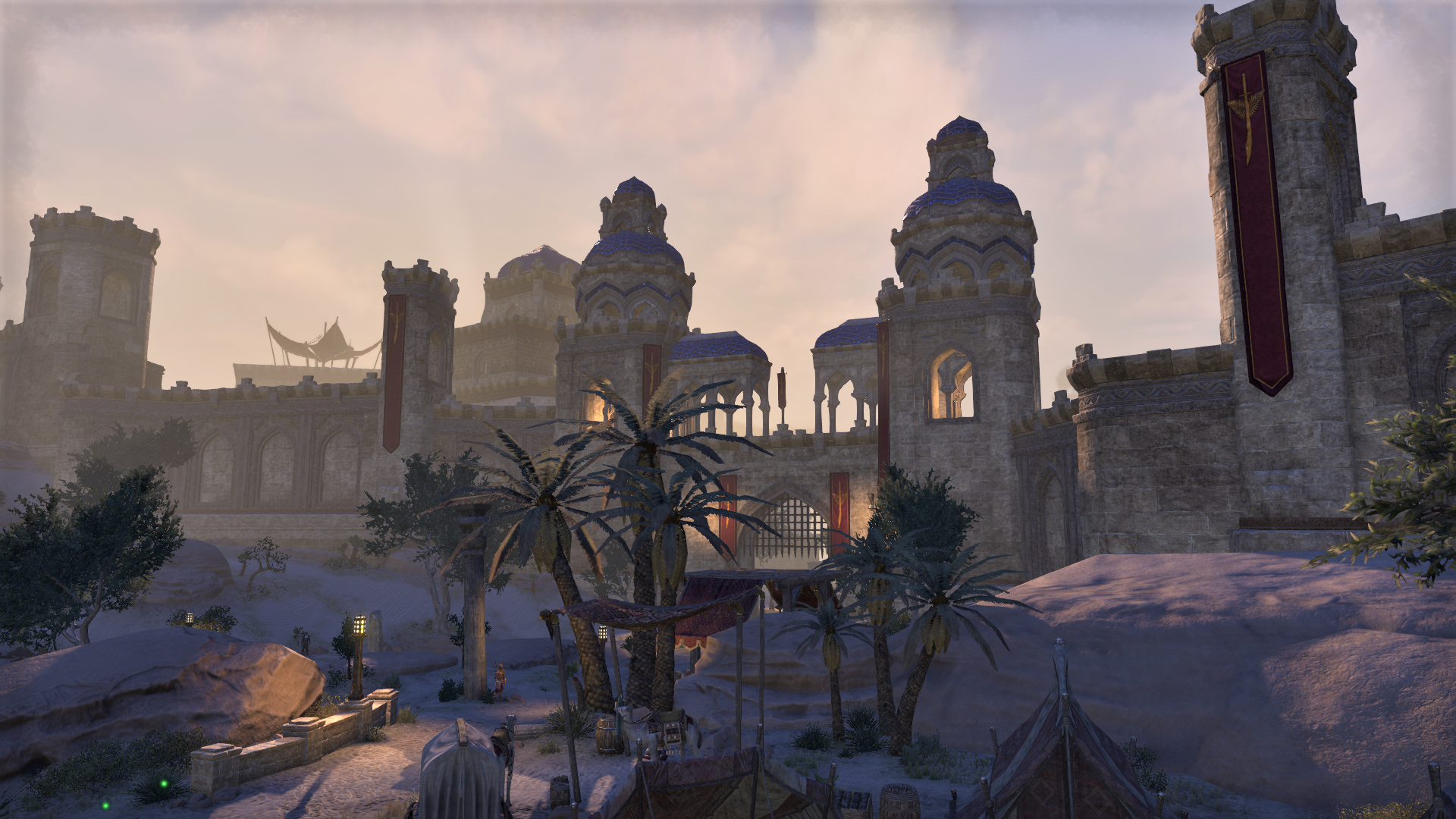 The Elder Scrolls Online desert fortress with banners and palm trees HD Wallpaper