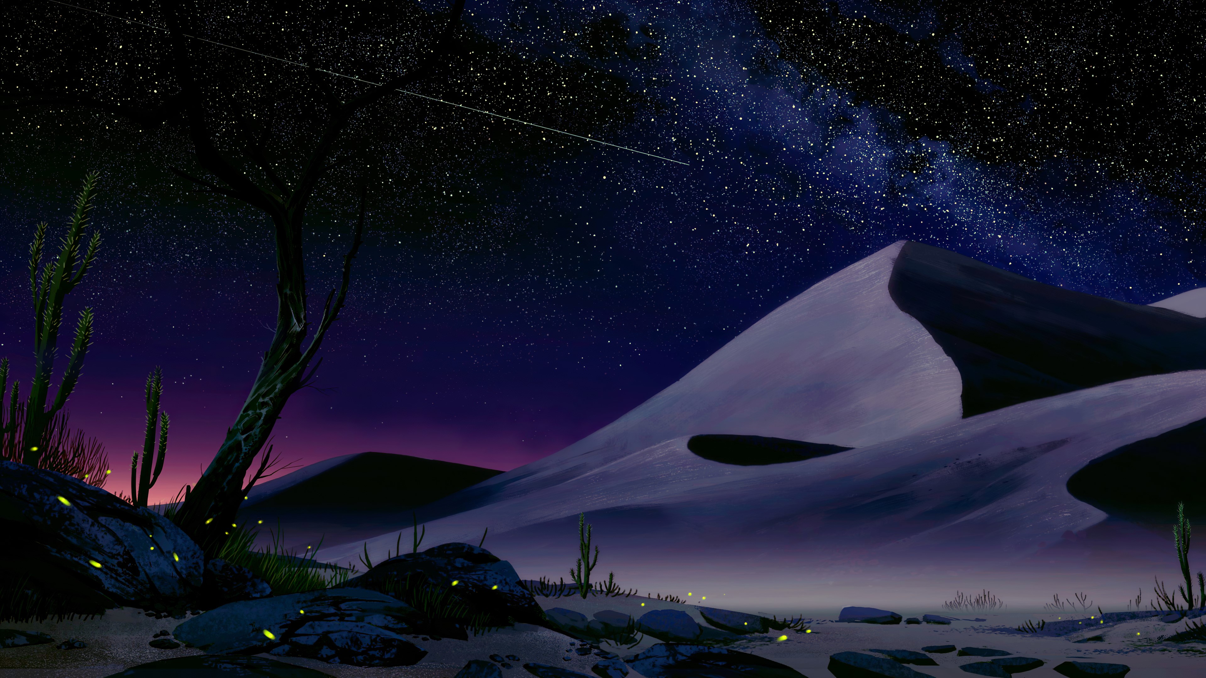 Desert landscape at night with fireflies and starry sky HD Wallpaper