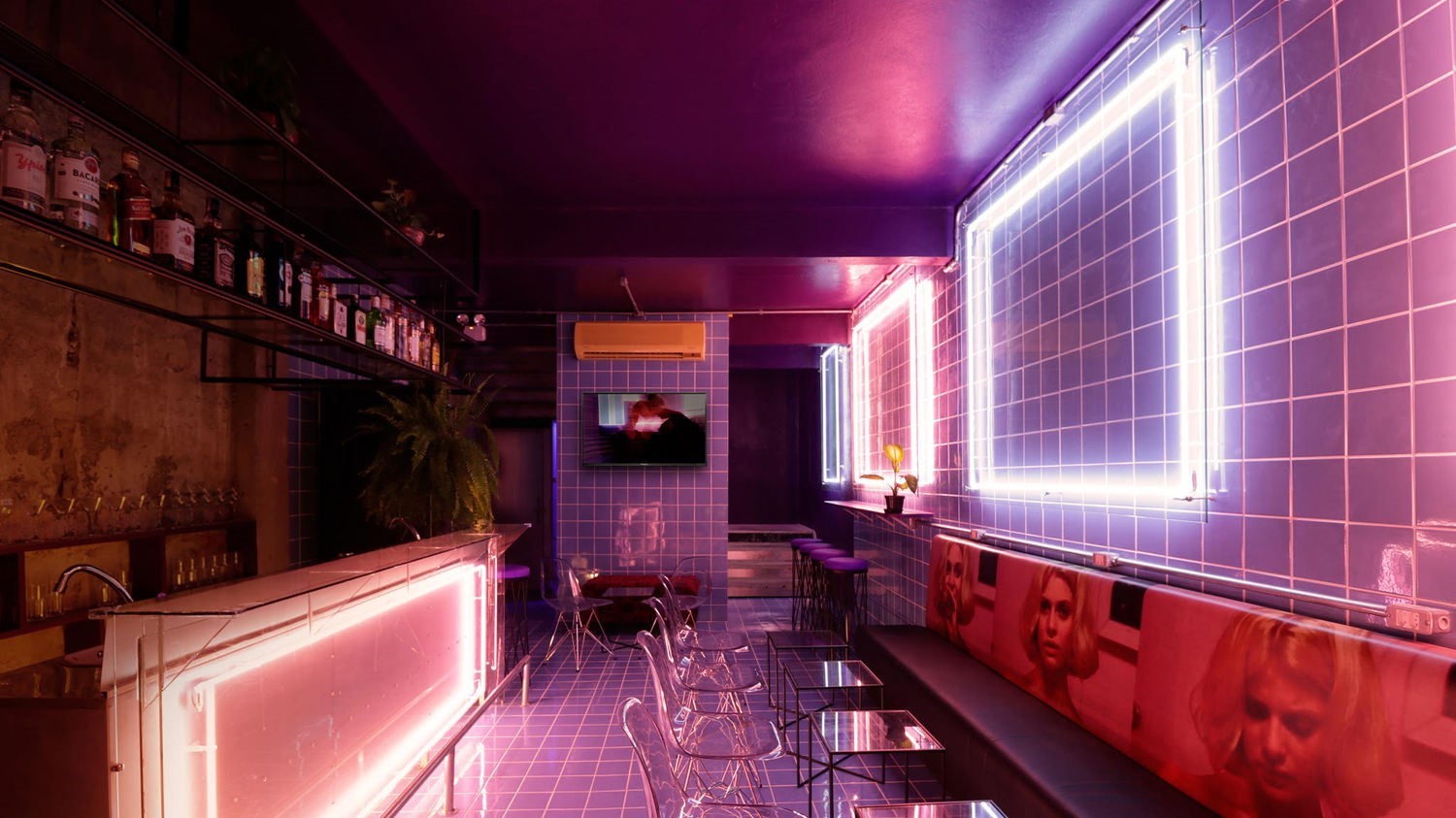 Modern bar interior with neon lights and purple tiles HD Wallpaper