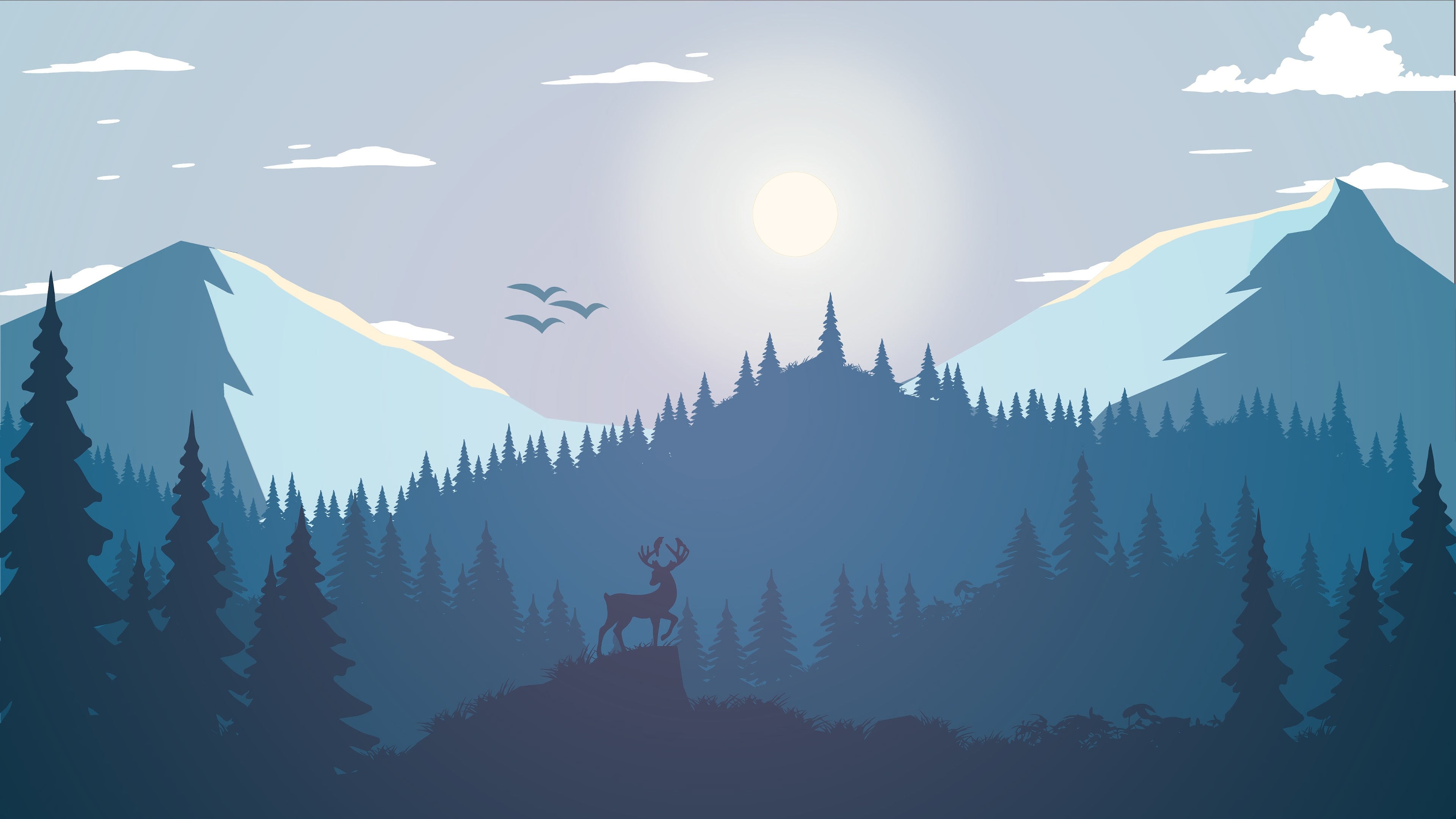Deer in a forest landscape with mountains and sun HD Wallpaper