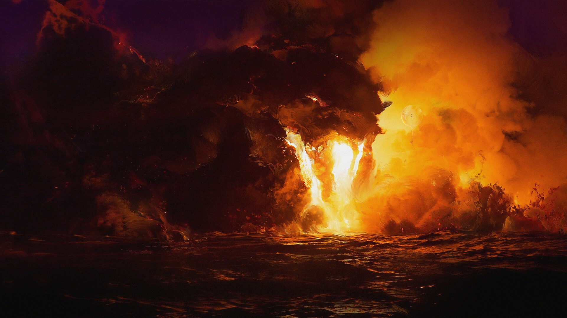 Artwork of fire and smoke over water HD Wallpaper