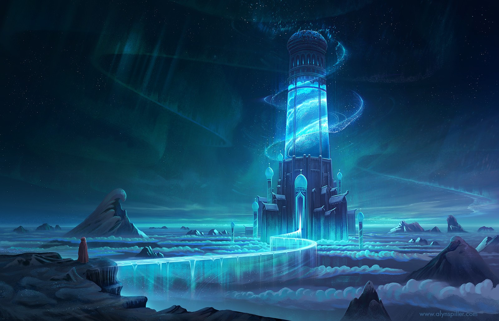 Artwork of a glowing tower with aurora borealis HD Wallpaper