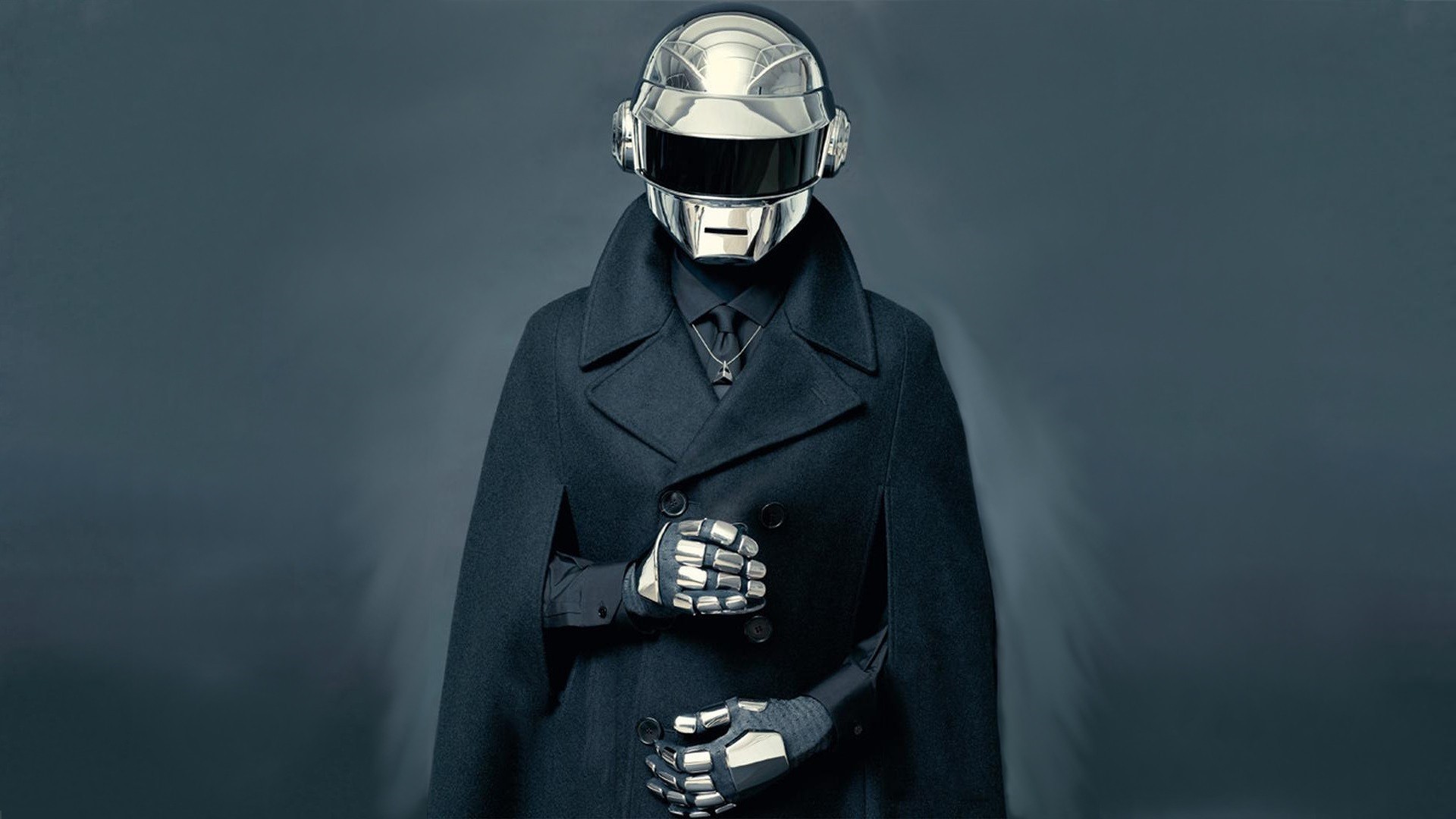 Daft Punk robot wearing a black coat and helmet HD Wallpaper