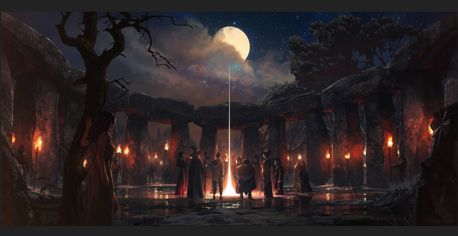 People gathered at ancient stone circle under the moon HD Wallpaper