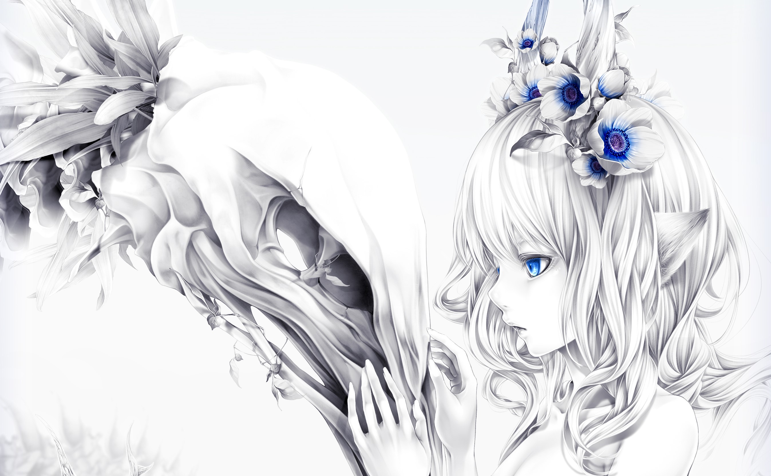 Girl with blue eyes and white hair with flowers on head near skull HD Wallpaper