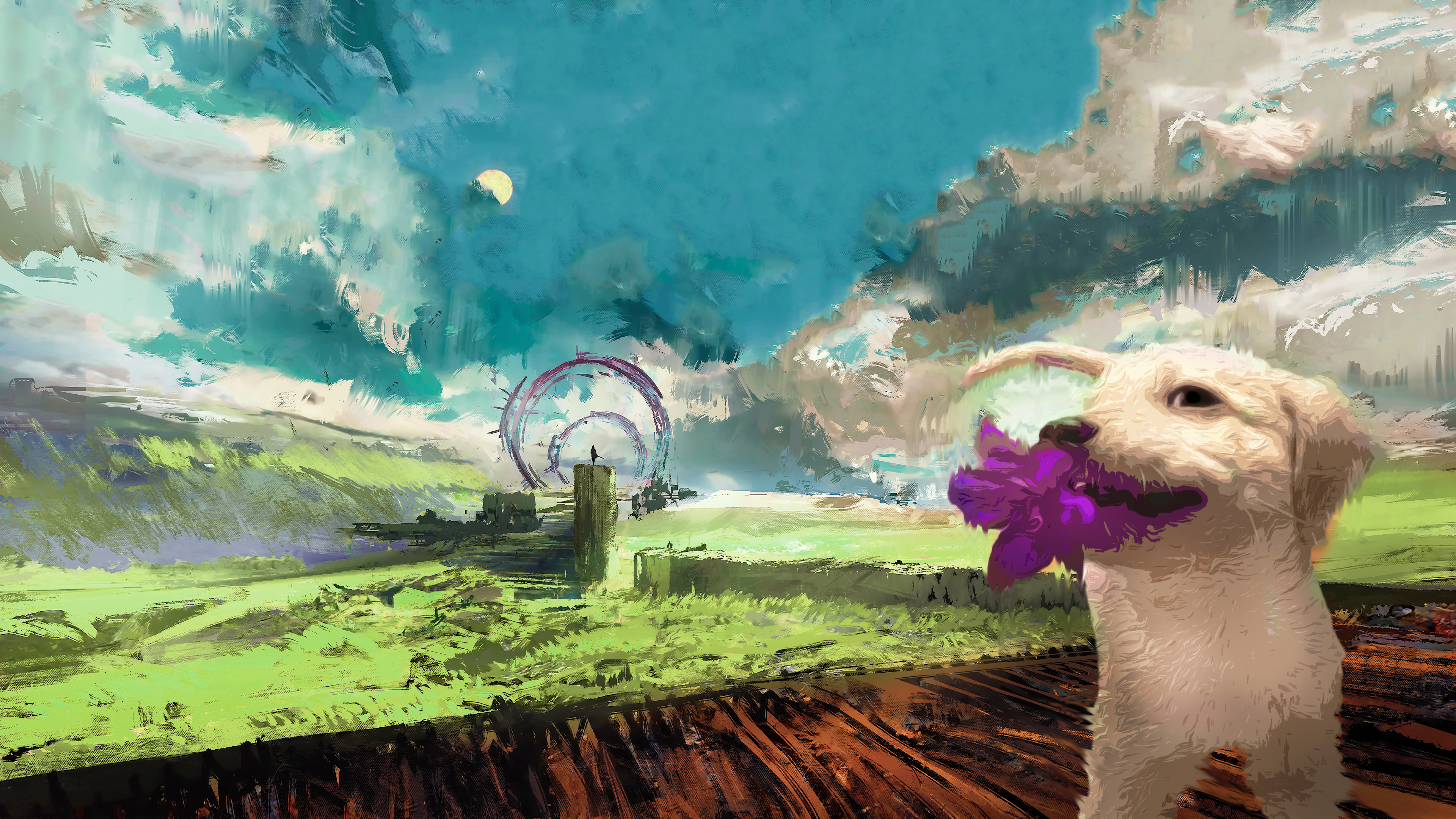 Dog with flower in a fantasy landscape painting HD Wallpaper