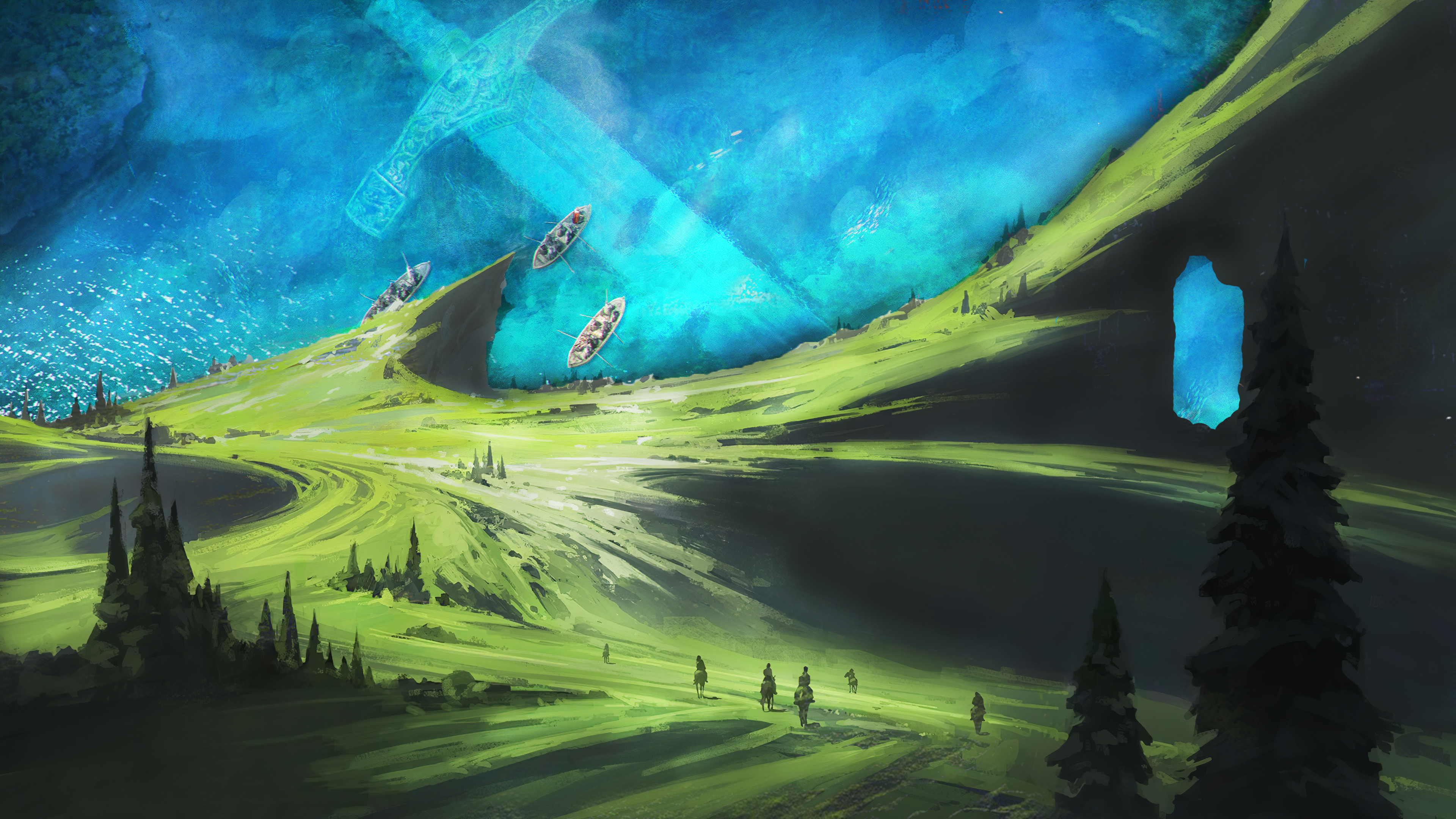 Digital art landscape with boats and mountains HD Wallpaper