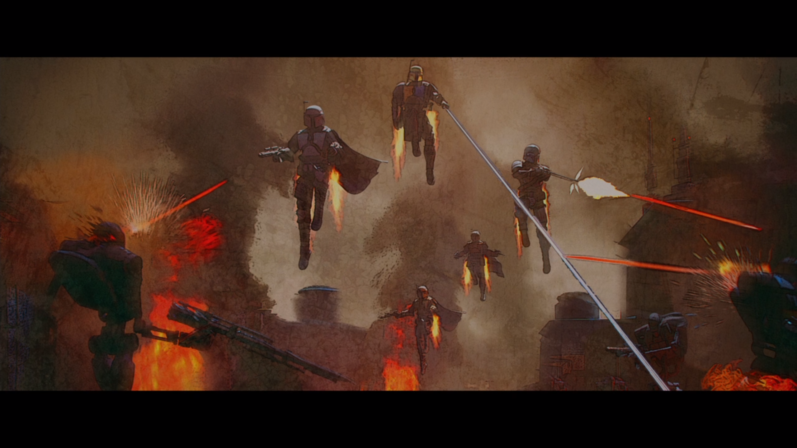 Boba Fett and other Mandalorians in battle from The Mandalorian HD Wallpaper