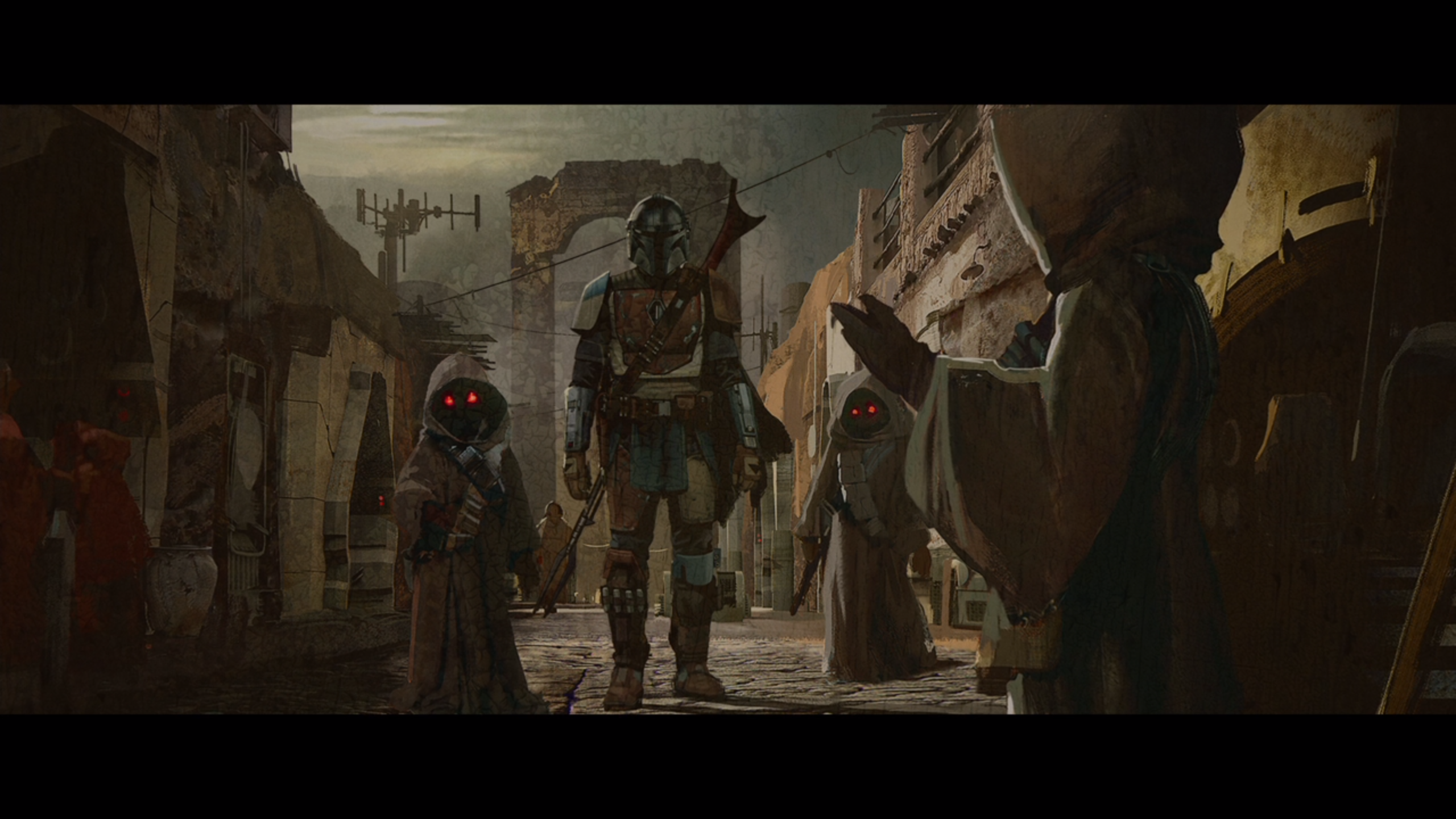 The Mandalorian and Jawas in a Star Wars town HD Wallpaper
