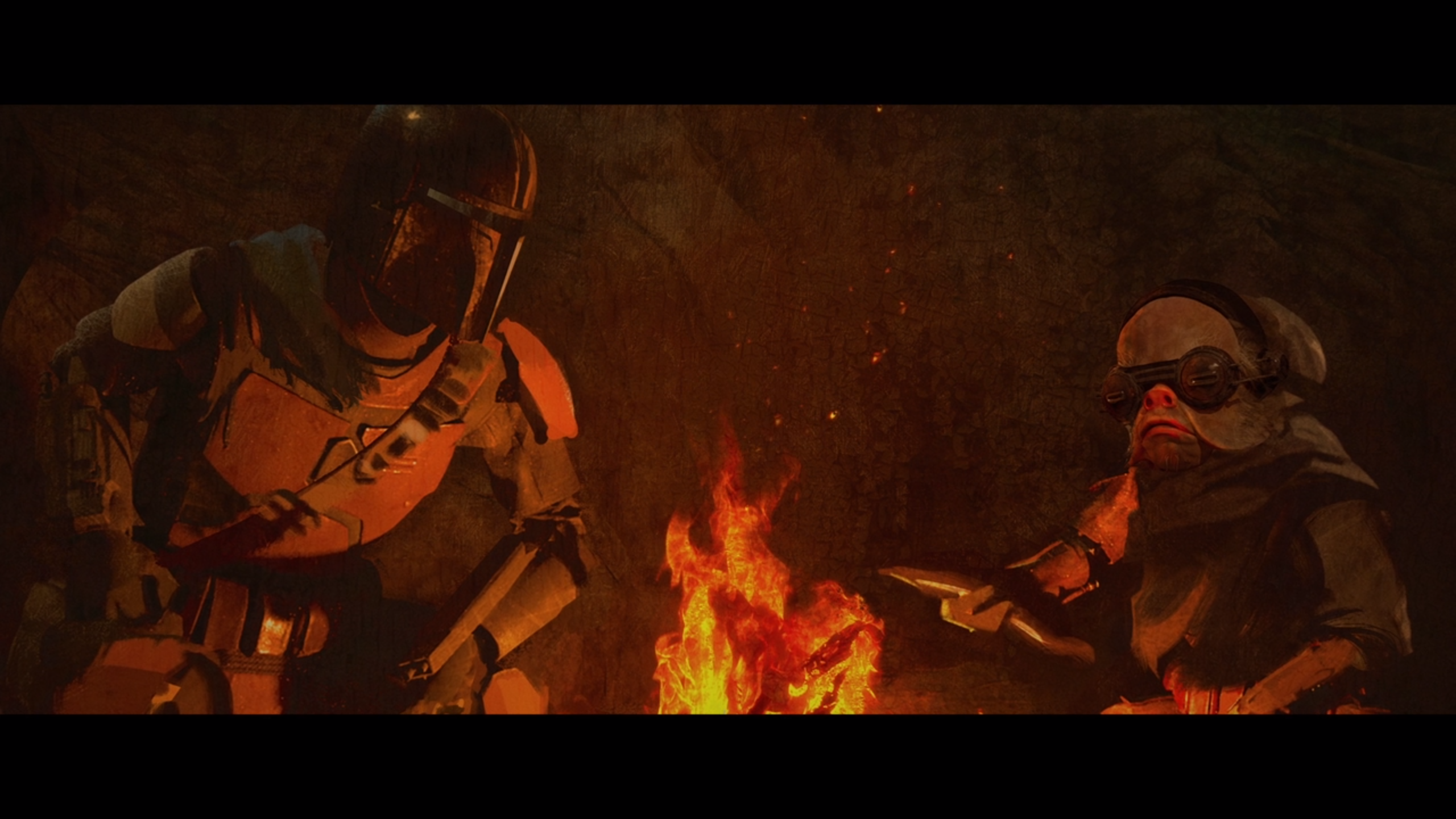 The Mandalorian and Grogu by a campfire HD Wallpaper
