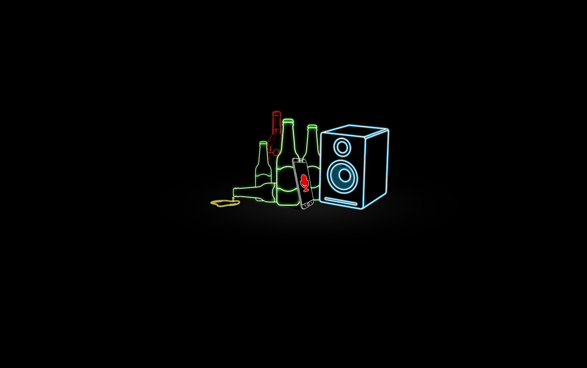 Neon bottles, smartphone, and speaker on black background HD Wallpaper