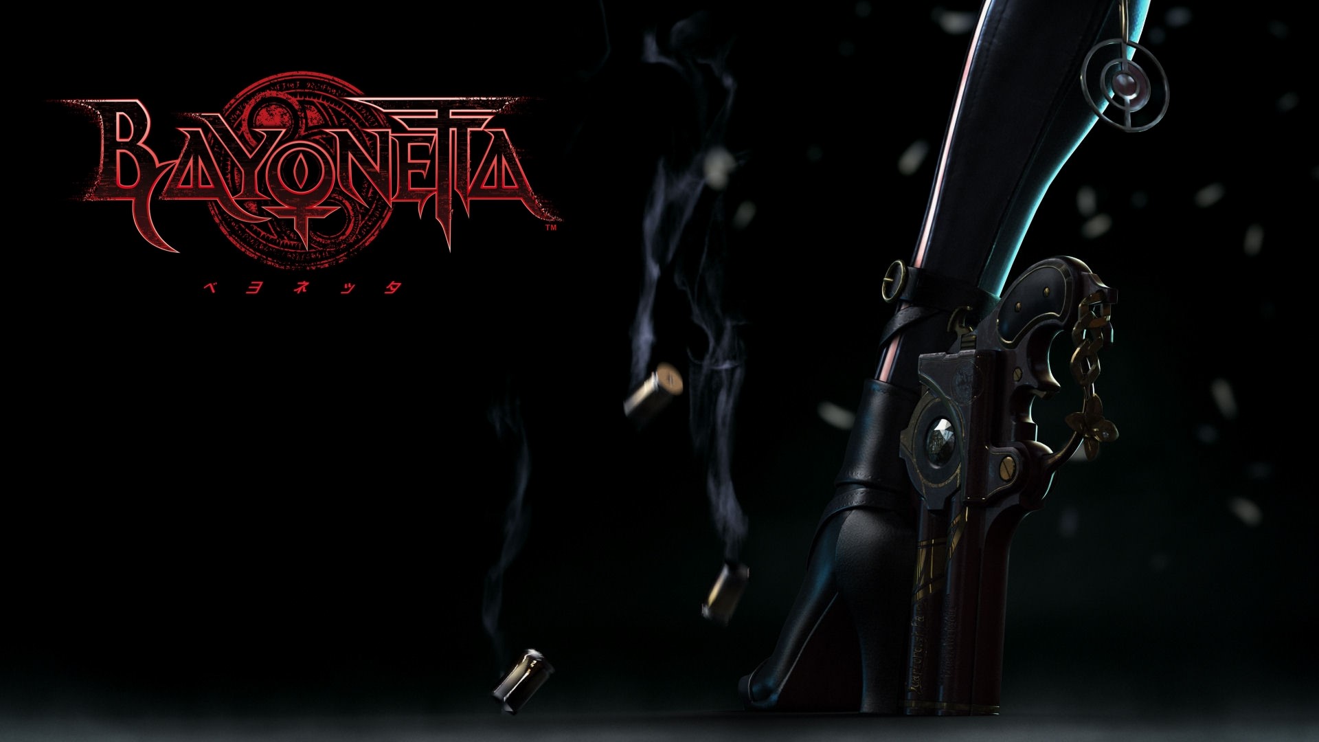 Bayonetta video game logo with gun and bullet casings HD Wallpaper