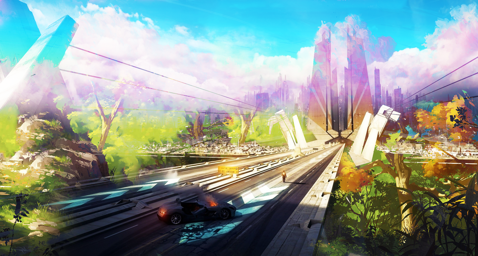 Futuristic city with burning car on a bridge HD Wallpaper
