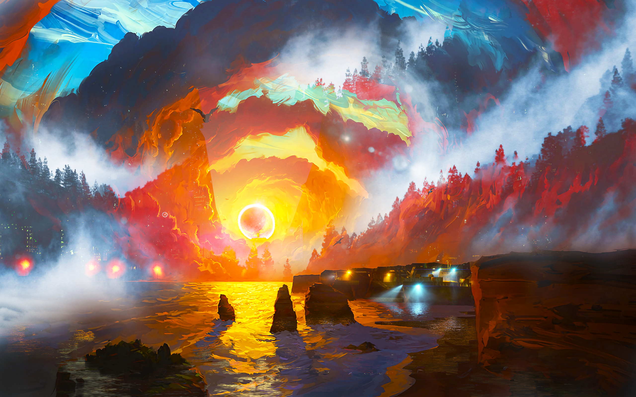 Futuristic colorful landscape with sea and sun HD Wallpaper