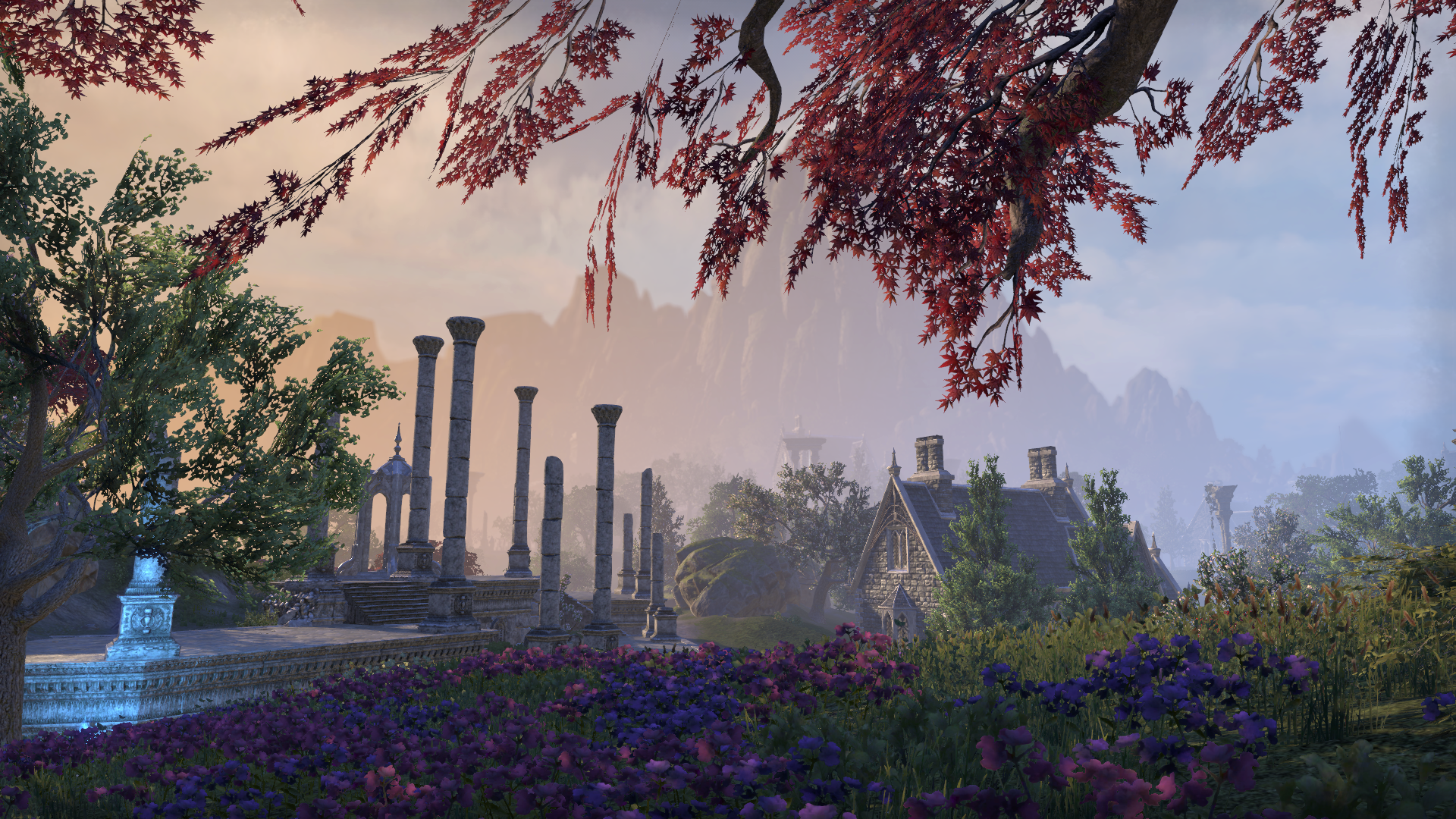 The Elder Scrolls Online landscape with ruins and flowers HD Wallpaper