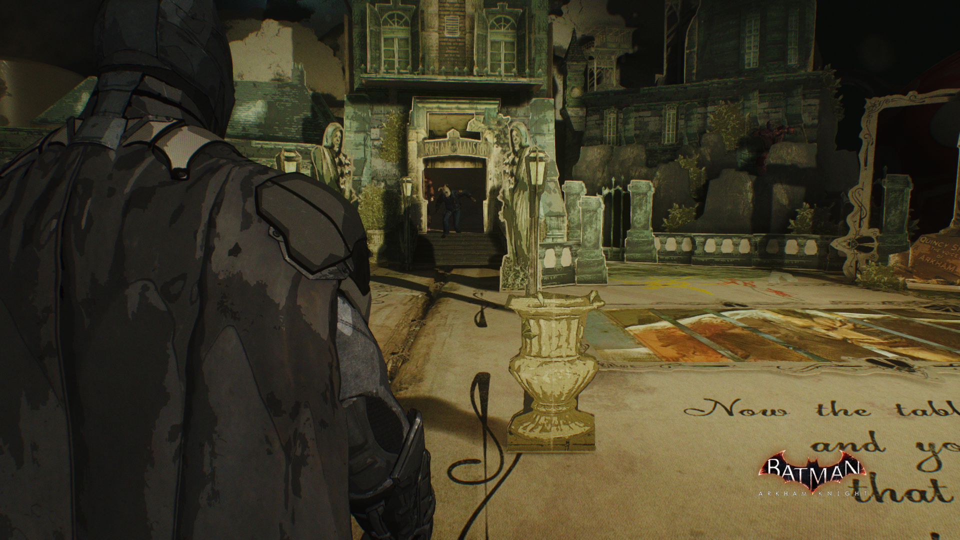 Batman from Batman: Arkham Knight in a courtyard HD Wallpaper