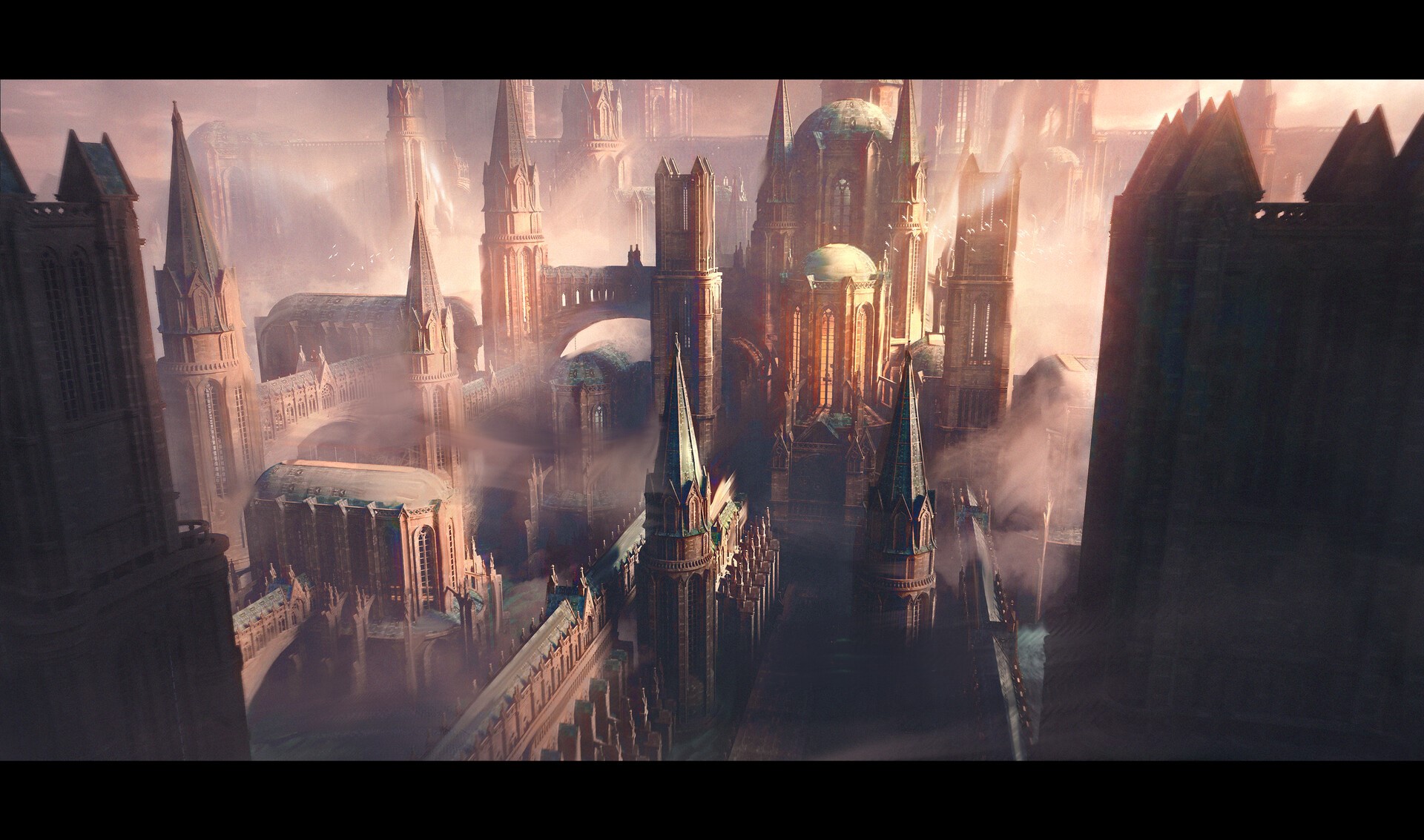 Digital art of a fantasy castle with spires HD Wallpaper