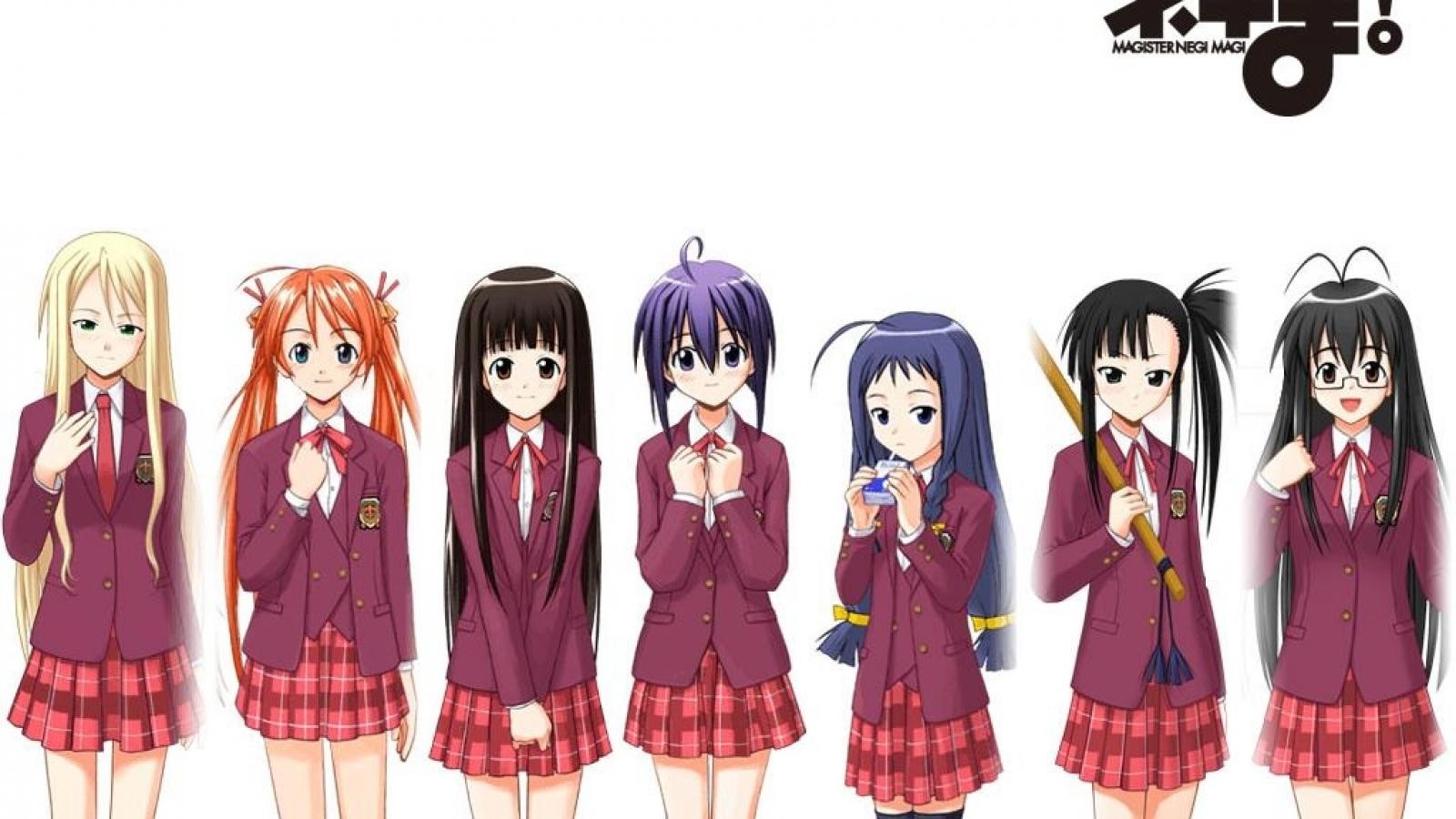 Anime girls from Mahou Sensei Negima in school uniforms HD Wallpaper
