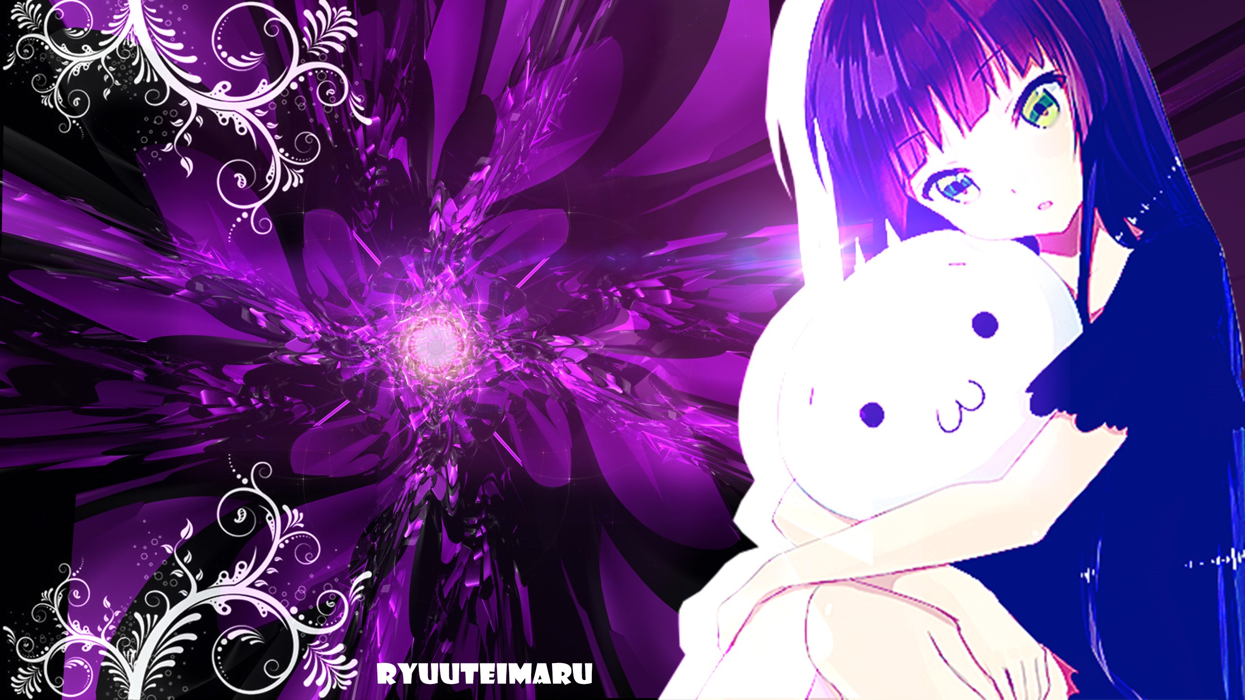 Anime girl with purple hair holding a plush toy HD Wallpaper