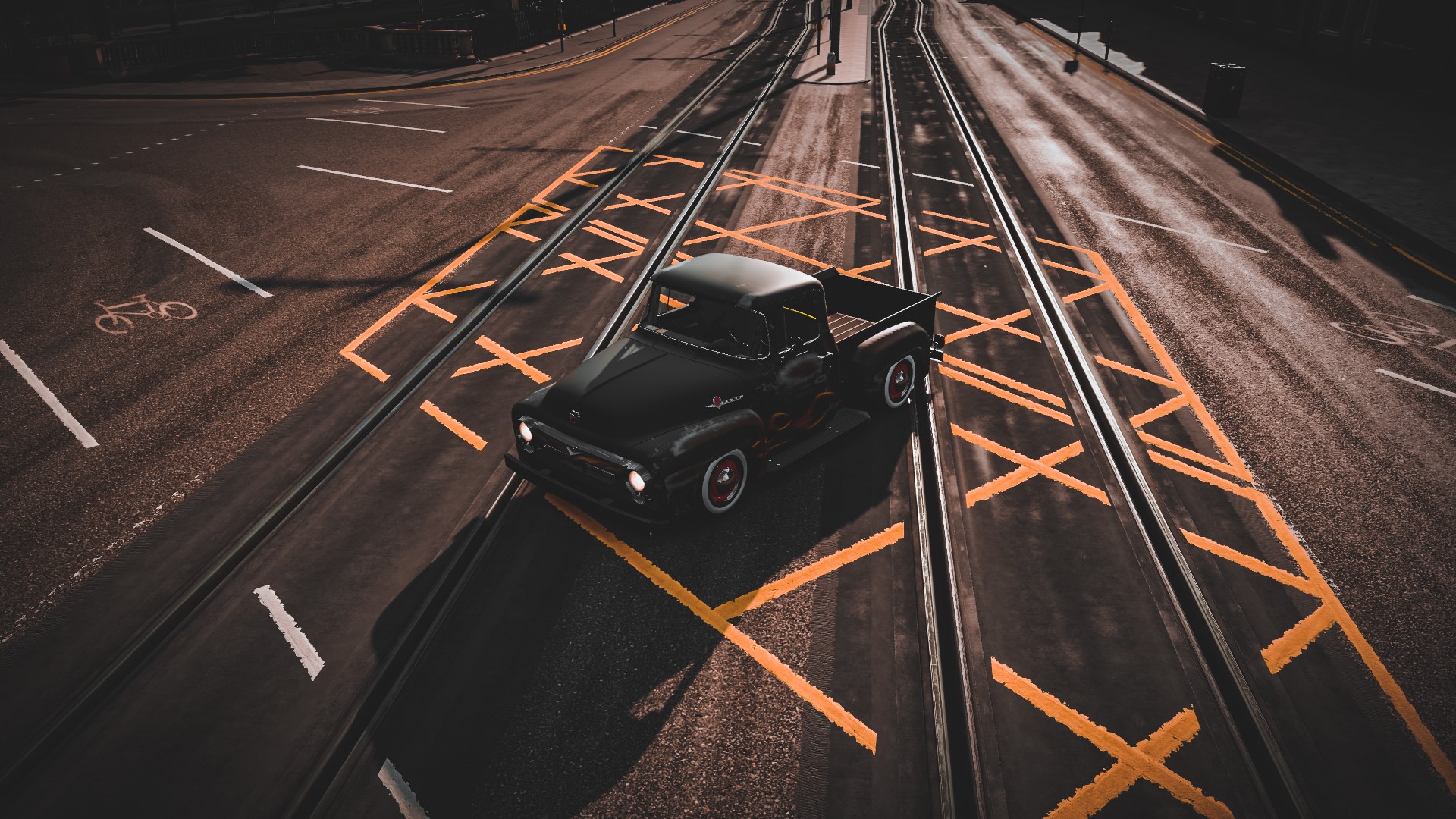 Black Ford F100 pickup truck on tram tracks HD Wallpaper