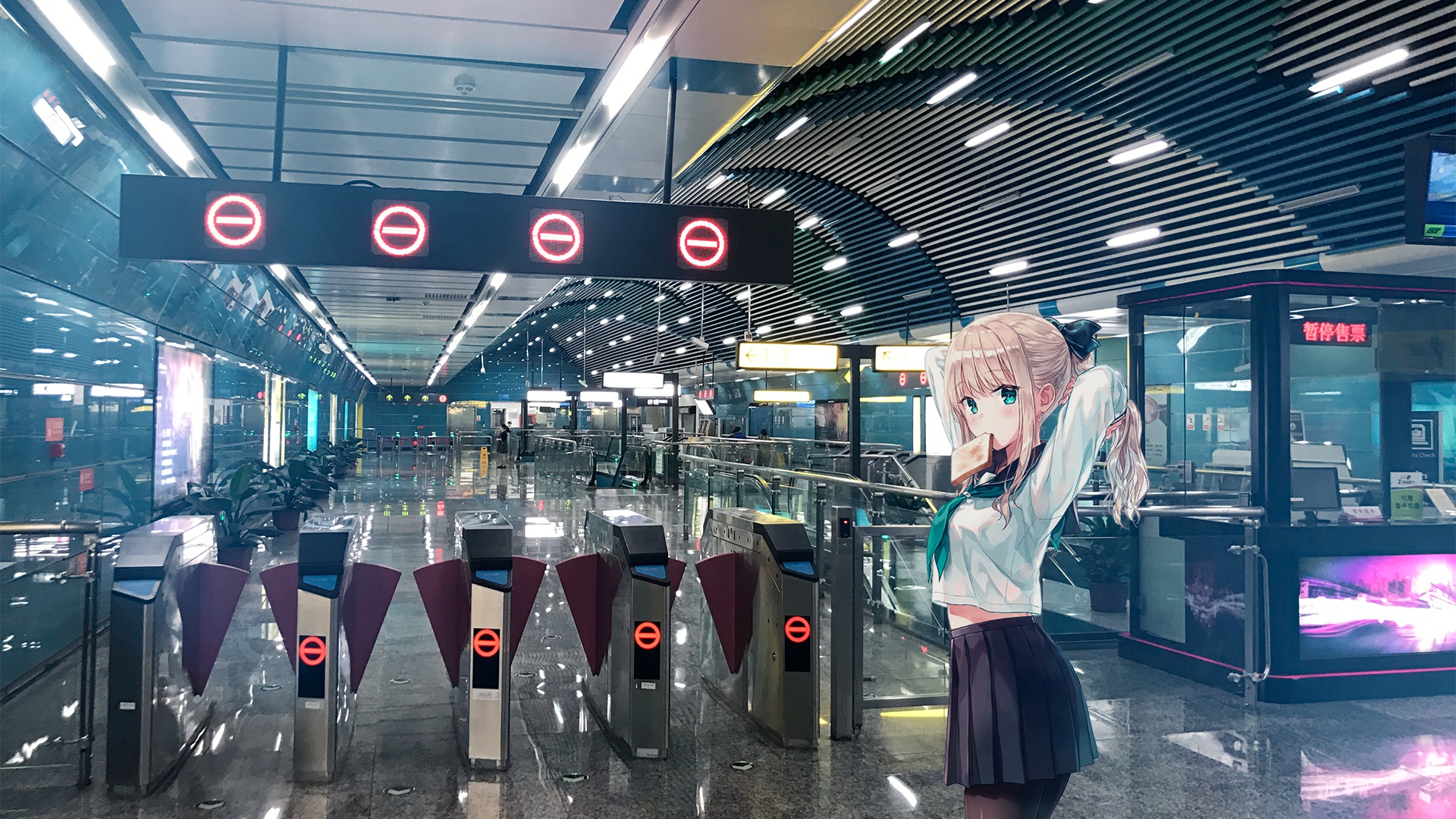 Anime girl in a train station with turnstiles HD Wallpaper