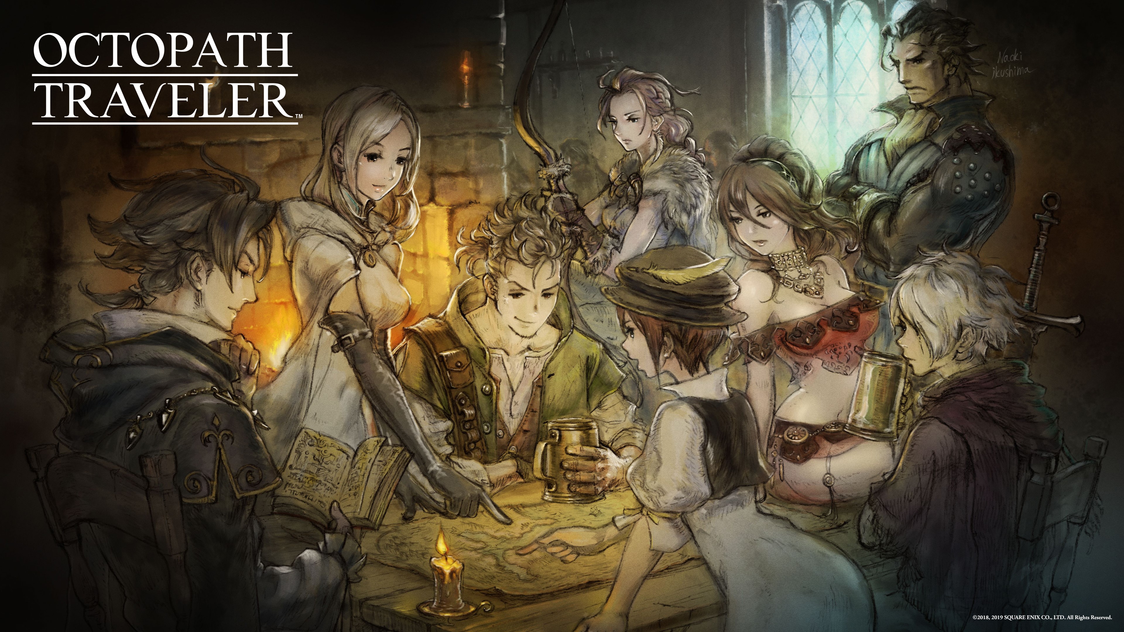 Octopath Traveler artwork with characters around a table HD Wallpaper