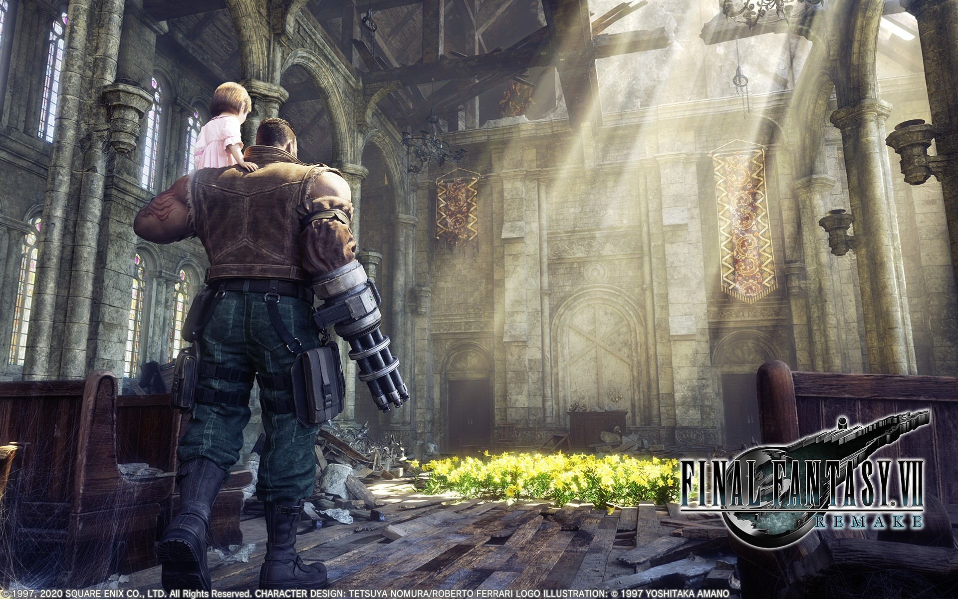 Barret Wallace with child from Final Fantasy VII Remake HD Wallpaper