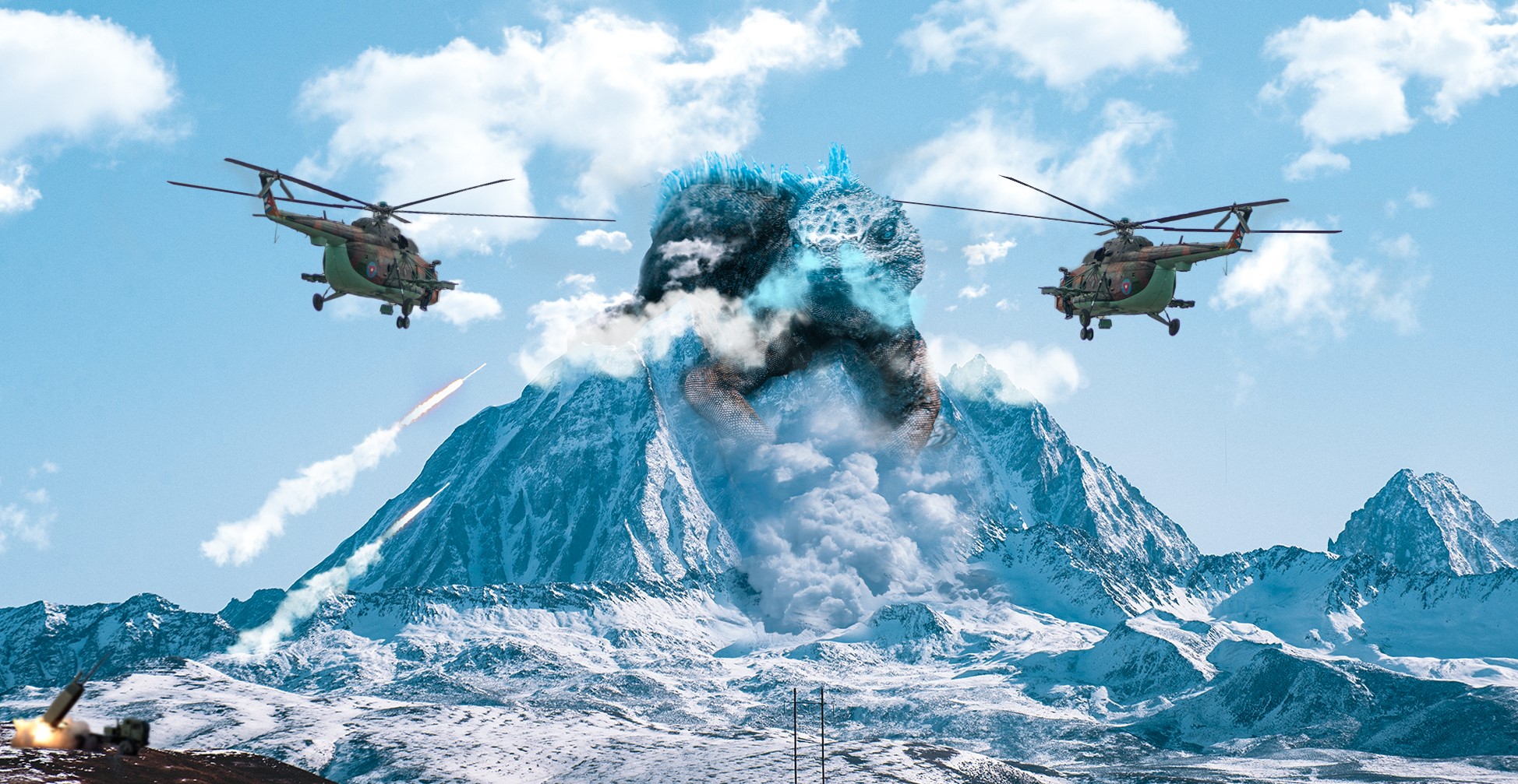Godzilla emerging from snowy mountains with helicopters and missile launch HD Wallpaper