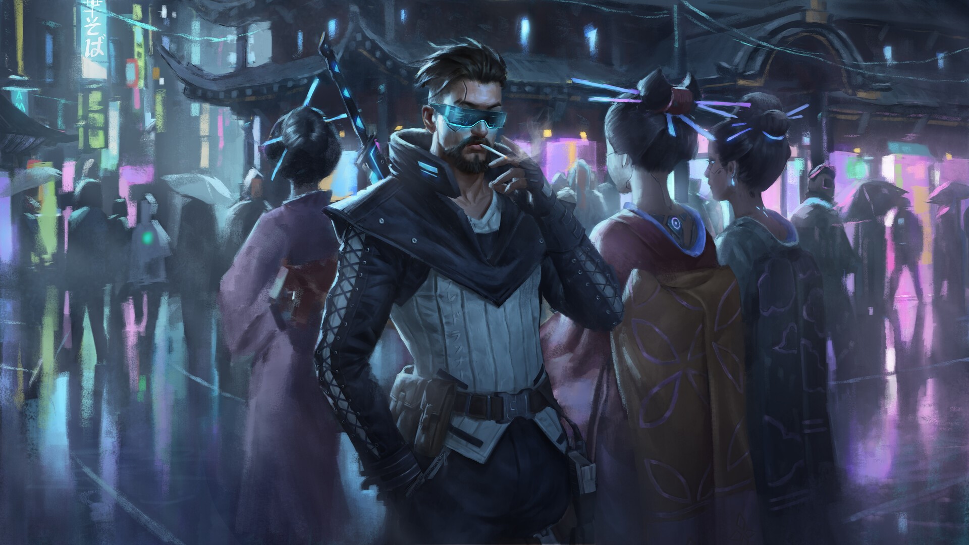 Cyberpunk man smoking in a neon-lit street HD Wallpaper