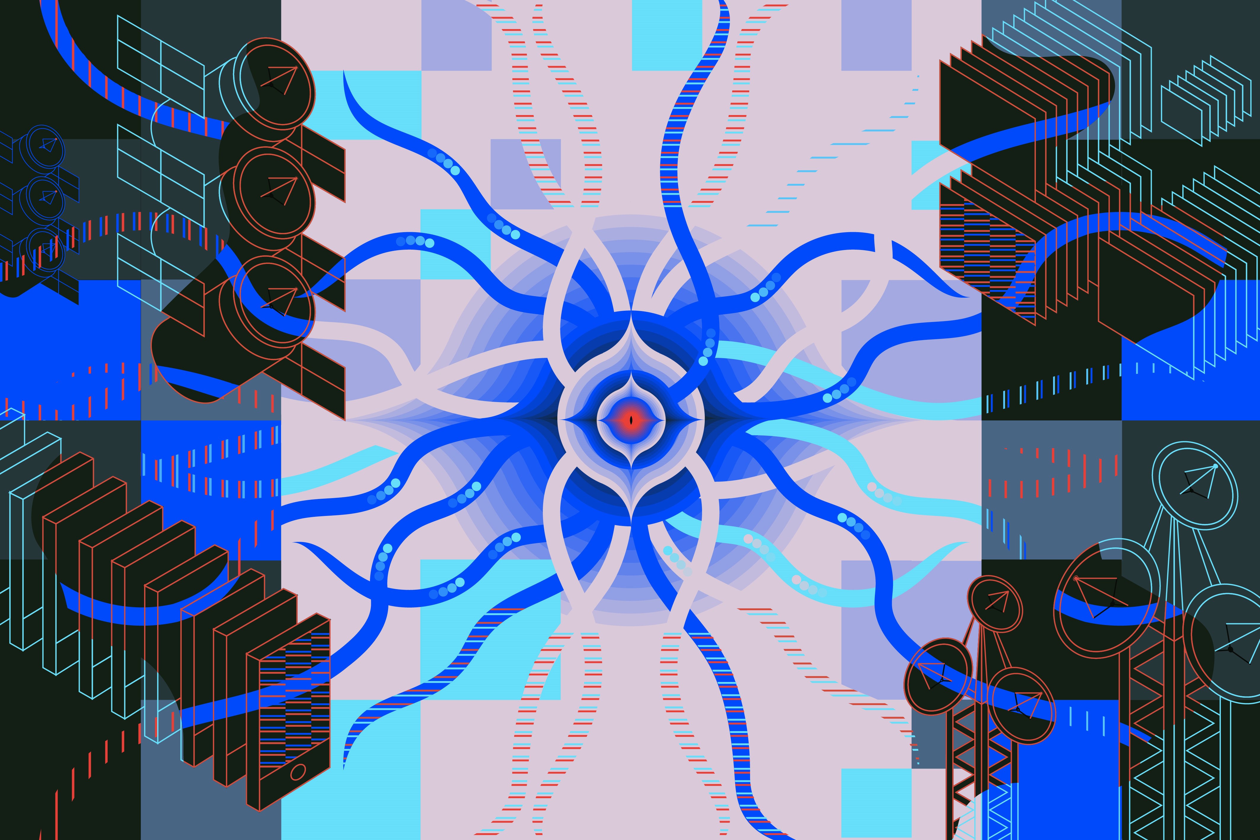 Abstract digital illustration with blue organic shapes and geometric elements HD Wallpaper