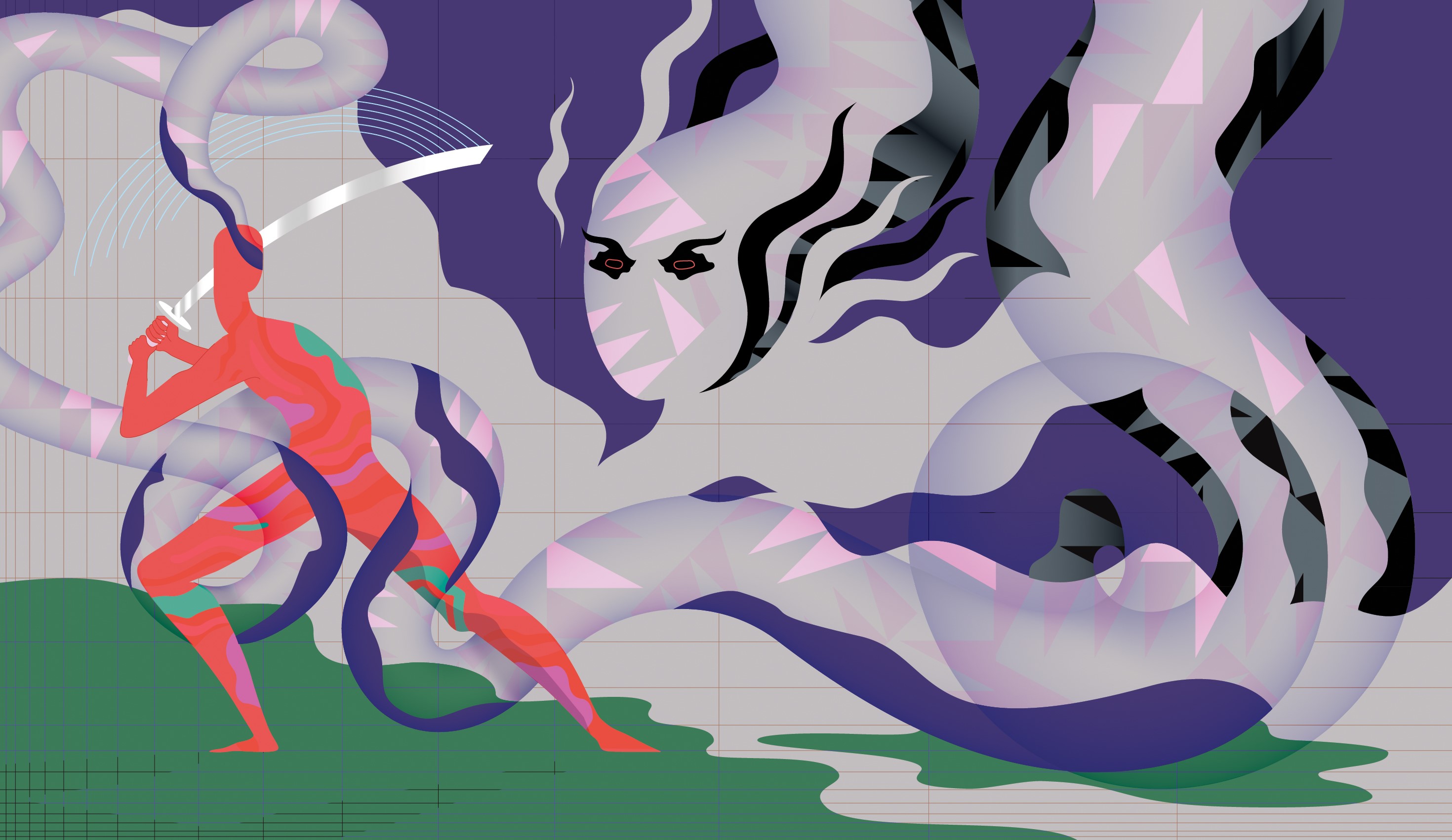 Illustration of a warrior fighting a serpent creature HD Wallpaper