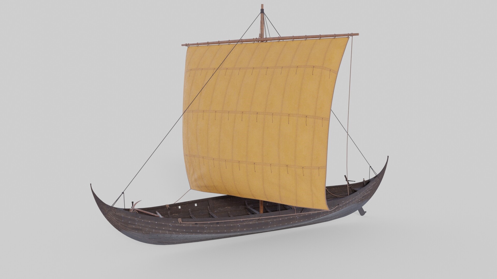 3D render of a historical wooden boat with a yellow sail HD Wallpaper