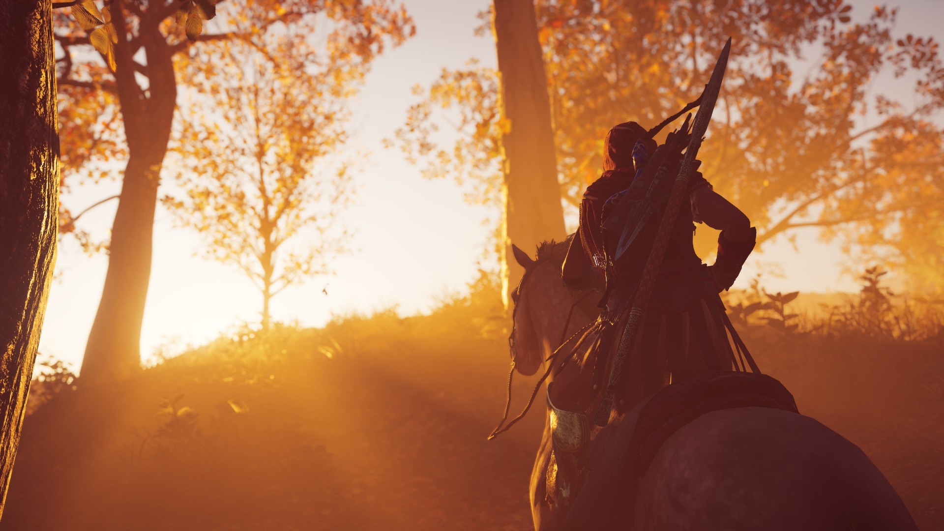 Kassandra on horseback in a forest at sunrise HD Wallpaper